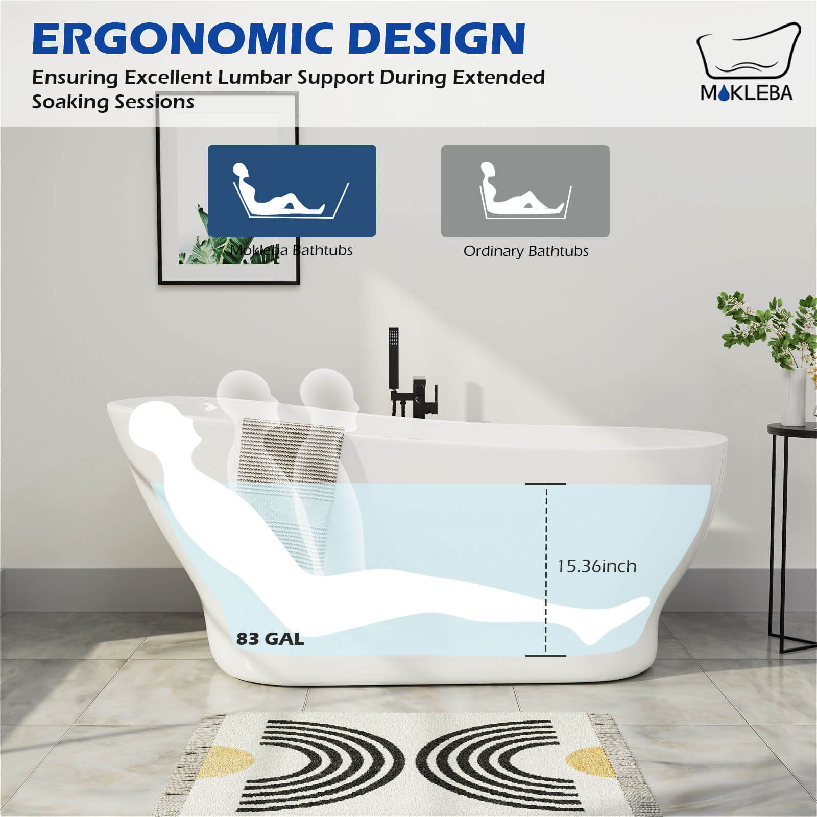 Mokleba 59" Acrylic Single Slipper Tub Curve Shape Freestanding Bathtub