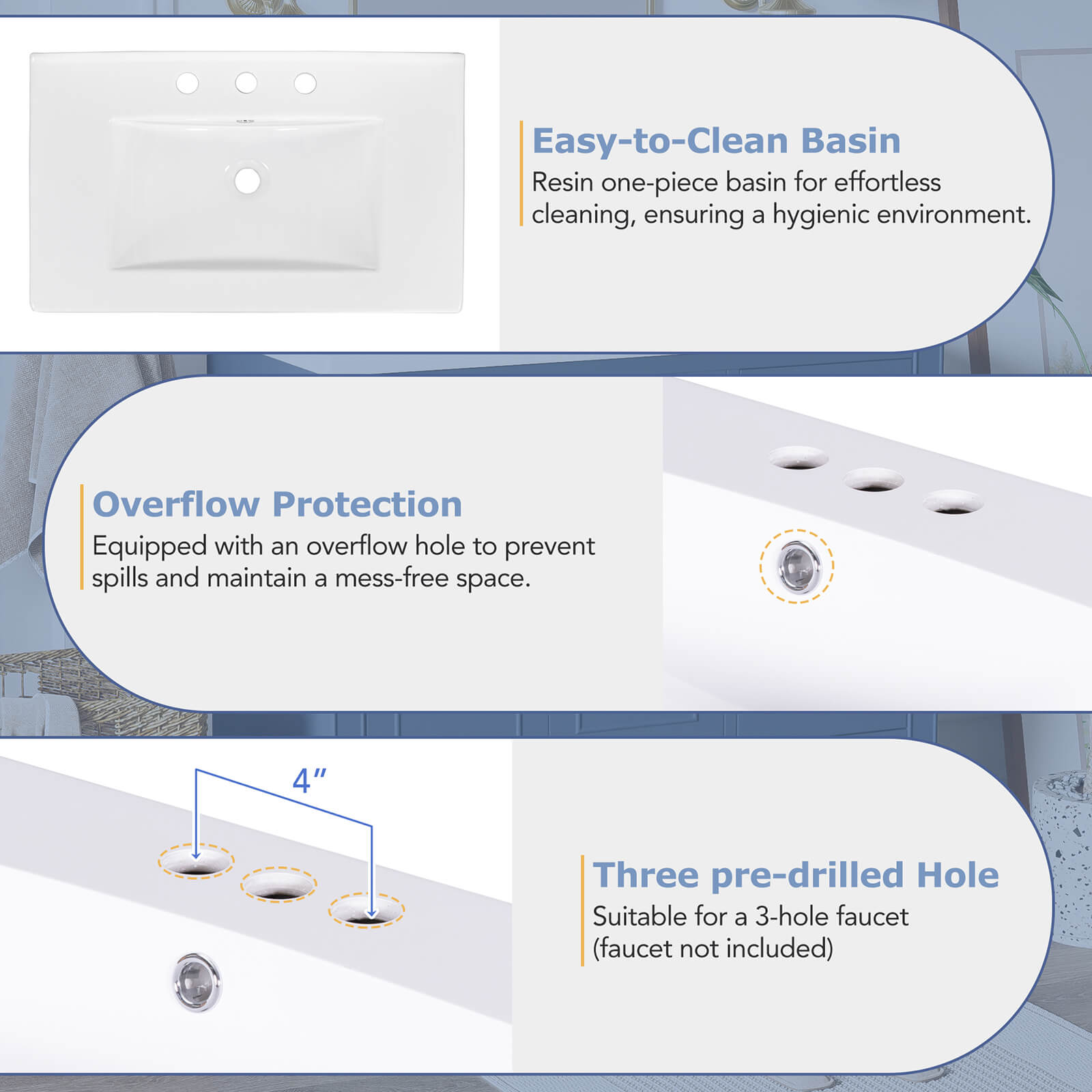 Sink Hole Instructions for 36 inch Traditional Blue Bathroom Vanity with Resin Sink