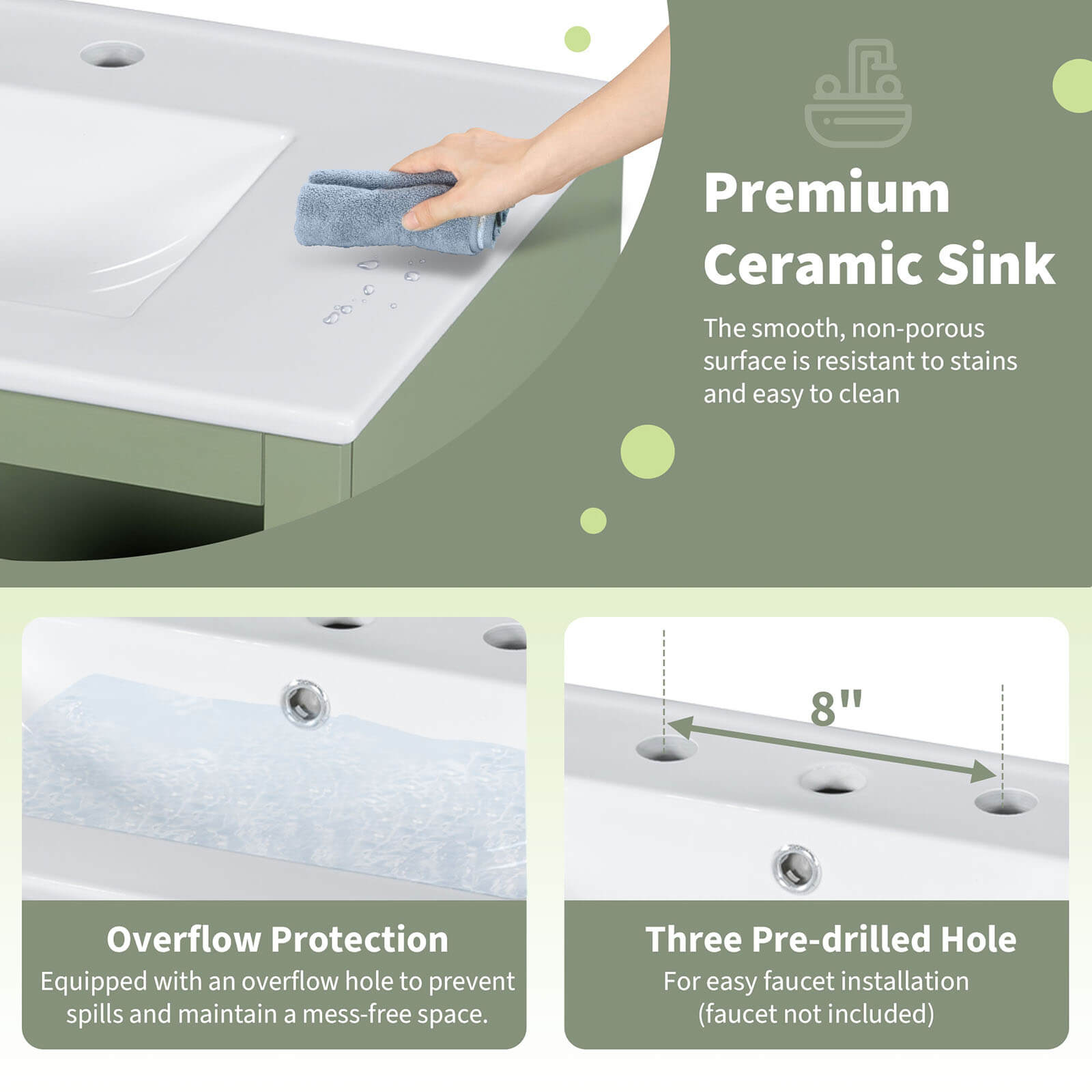 Sink Hole Instructions for a 30 Inch Green Bathroom Vanity with Frosted Glass Door