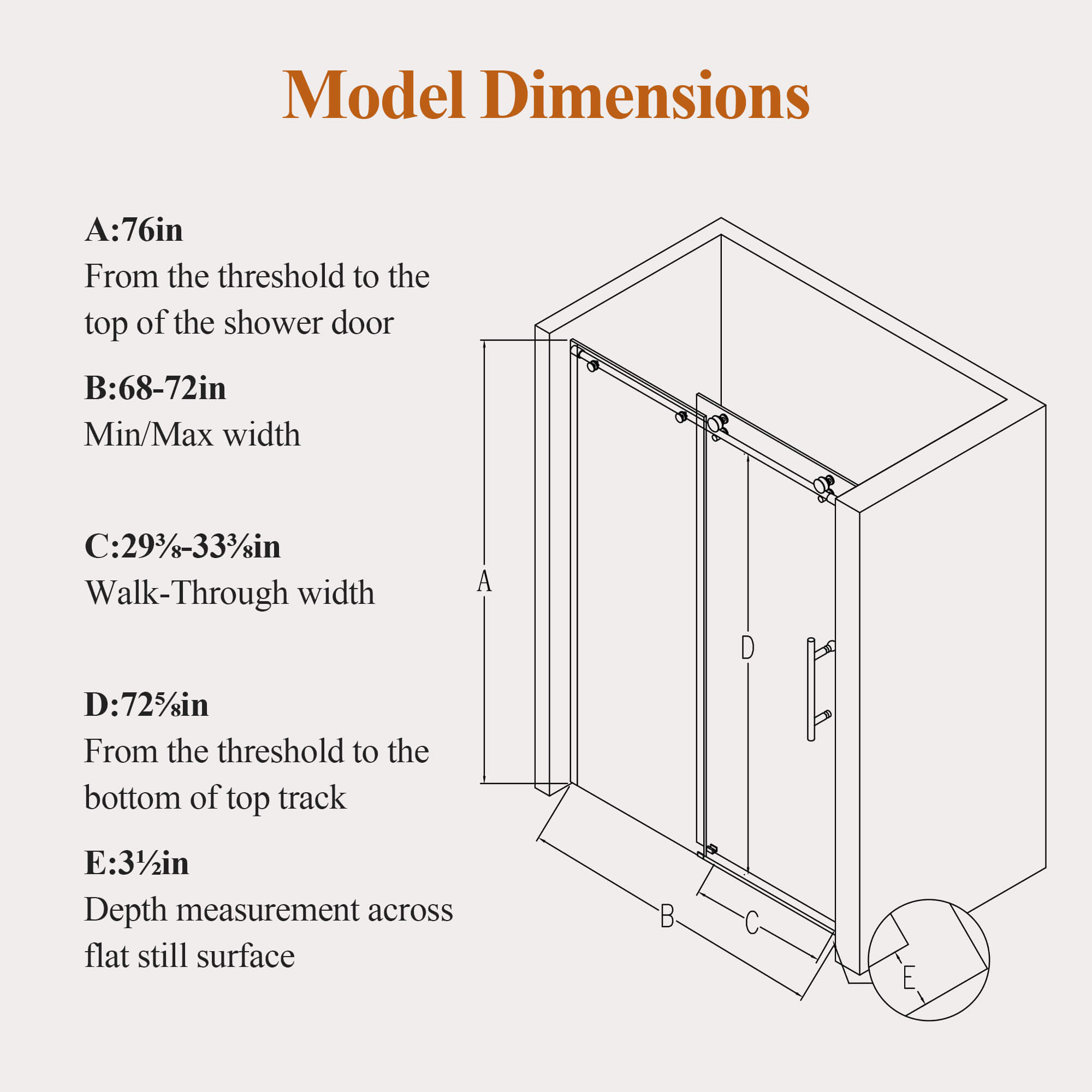 Size Chart and Specification Diagram for 68-72 x 76 inch Frameless Sliding Shower Door