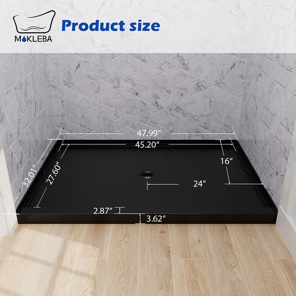 Size specifications diagram for durable 48x32 inch black acrylic shower pan