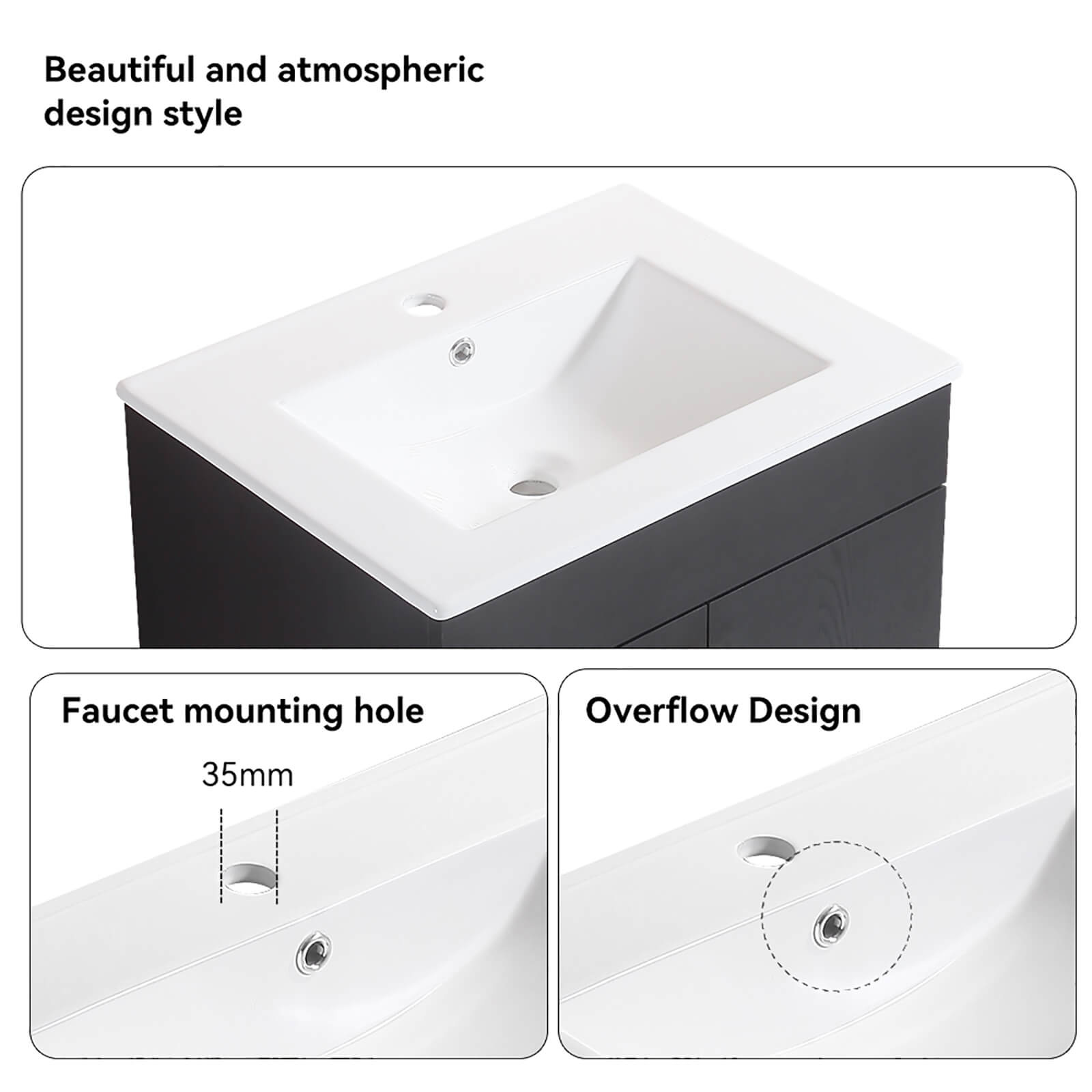 Sleek ceramic basin atop bold black storage cabinet