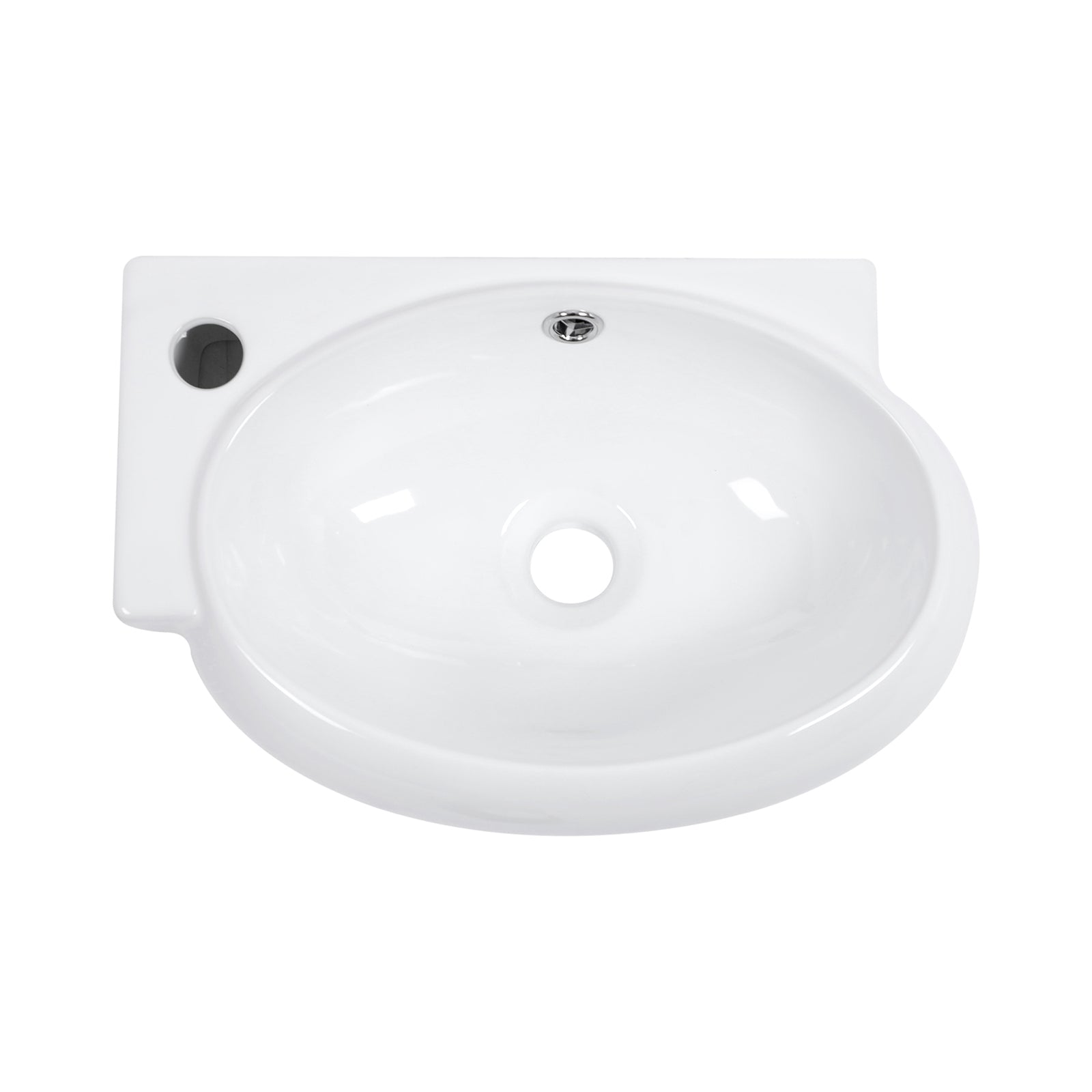 Sleek oval sink installed on bathroom wall with no counter