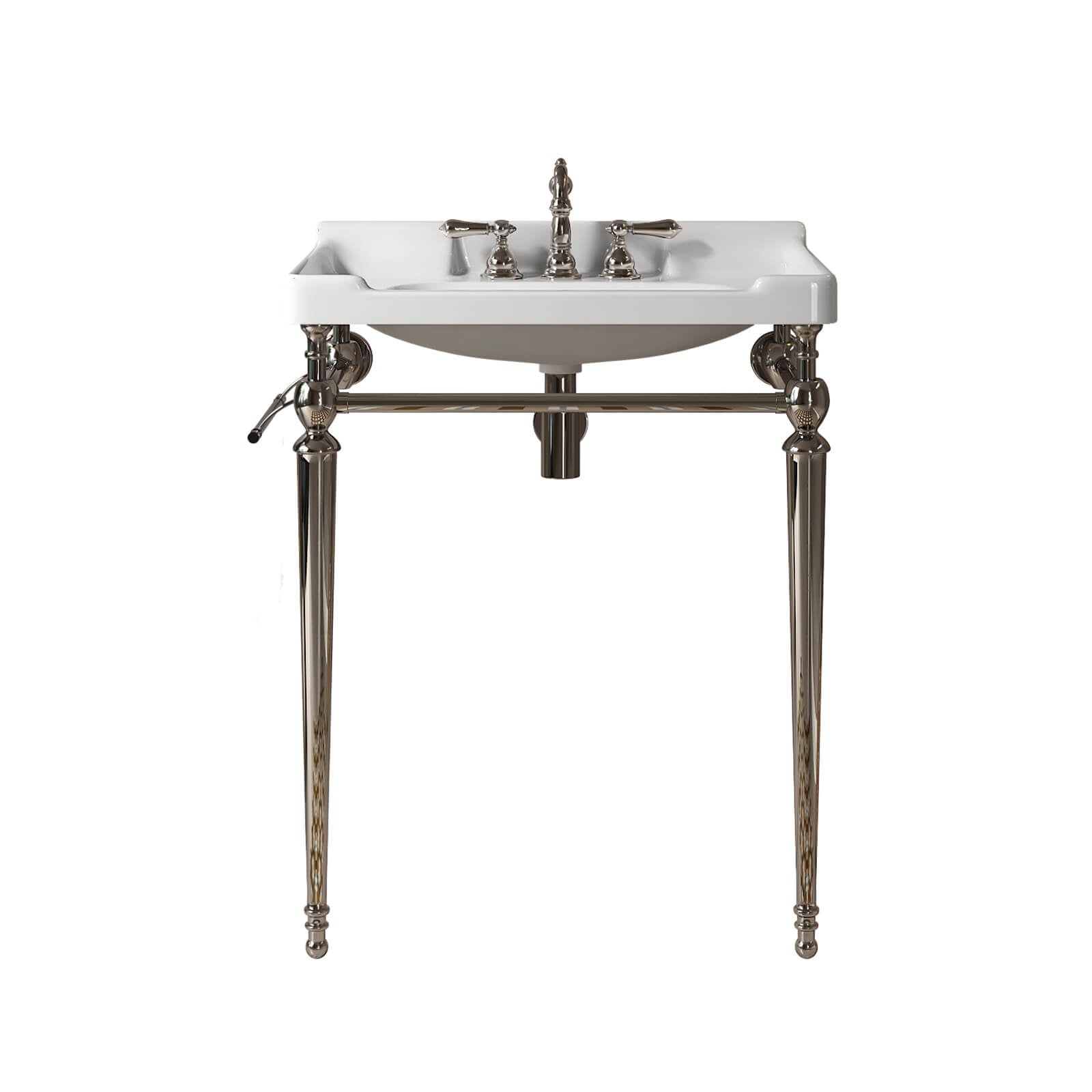 Sleek white bathroom sink with polished chrome legs