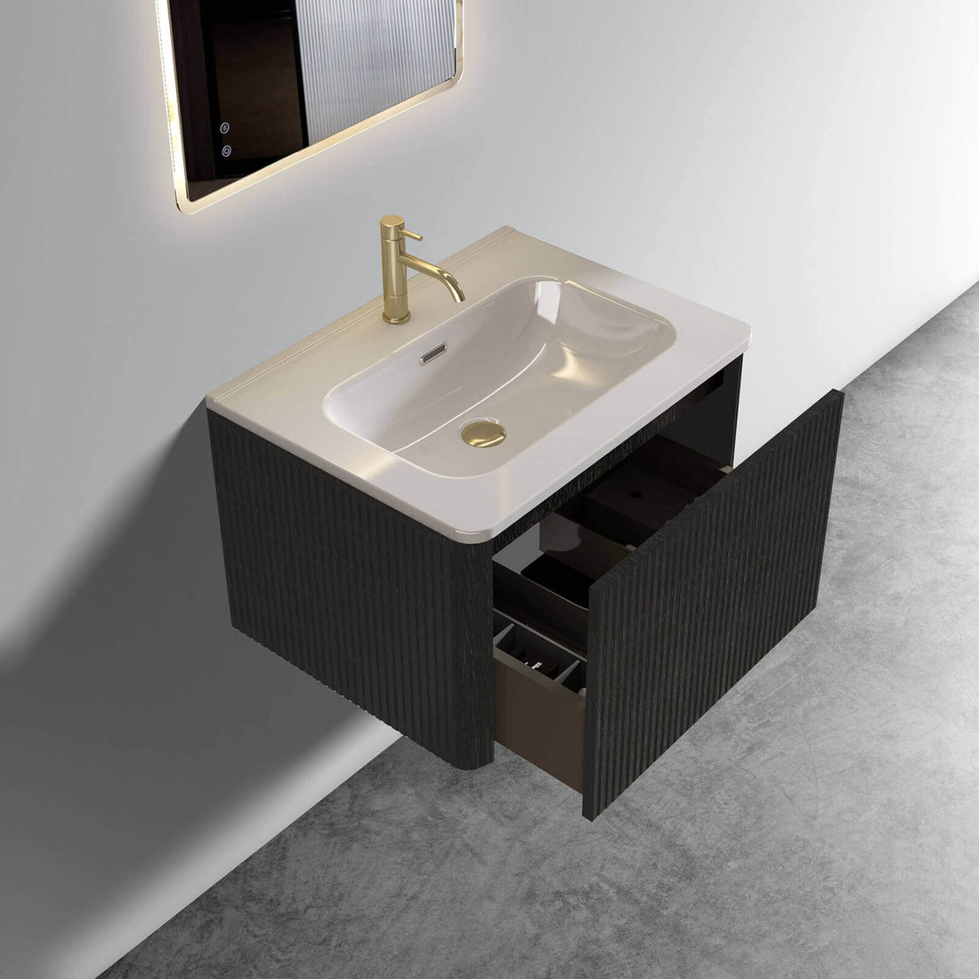 Sleek 24-inch black vanity with a non-porous white ceramic sink ideal for easy cleaning and maintenance
