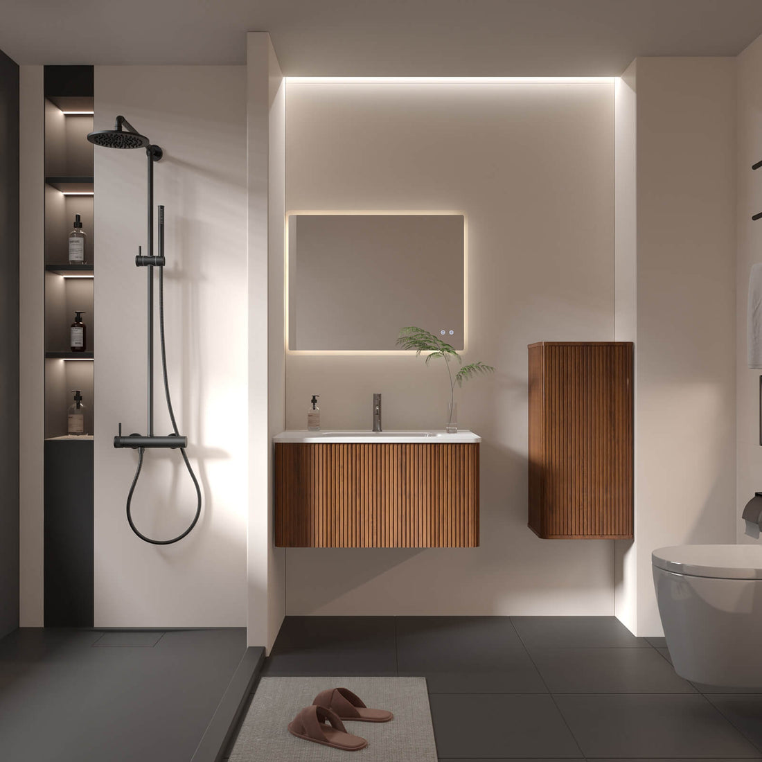 Sleek 29 inch TALL Walnut Linen Cabinet with Textured Finish and Modern Functionality