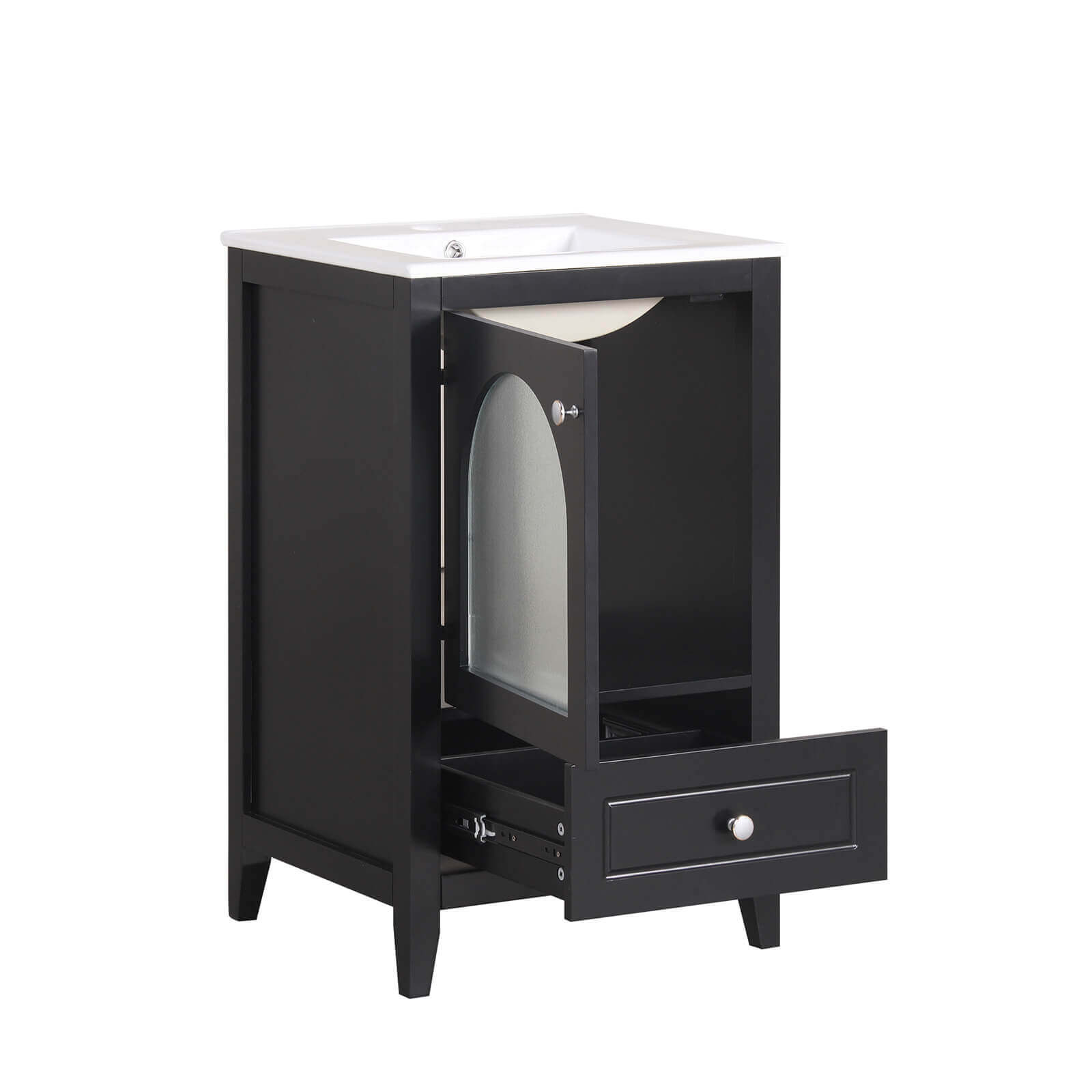 Sleek and minimalist black bathroom vanity with soft-close