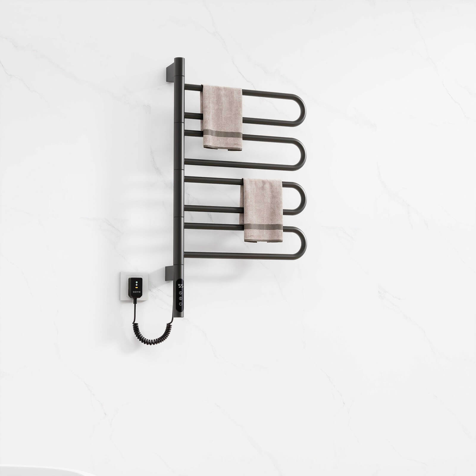 Sleek black towel warmer perfect for bathroom walls