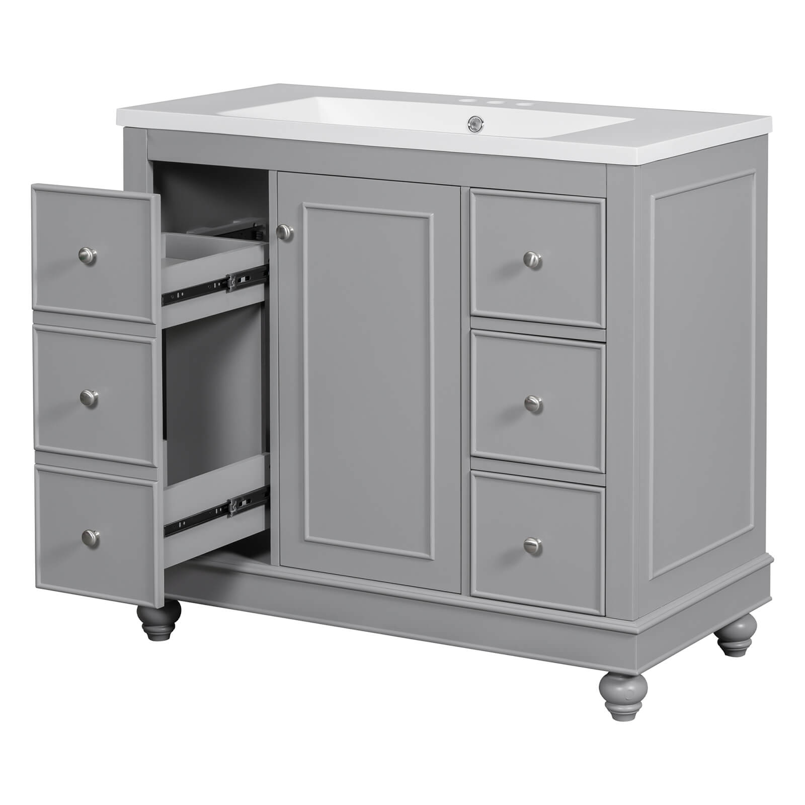 Sleek gray vanity with seamless sink design for a modern bathroom