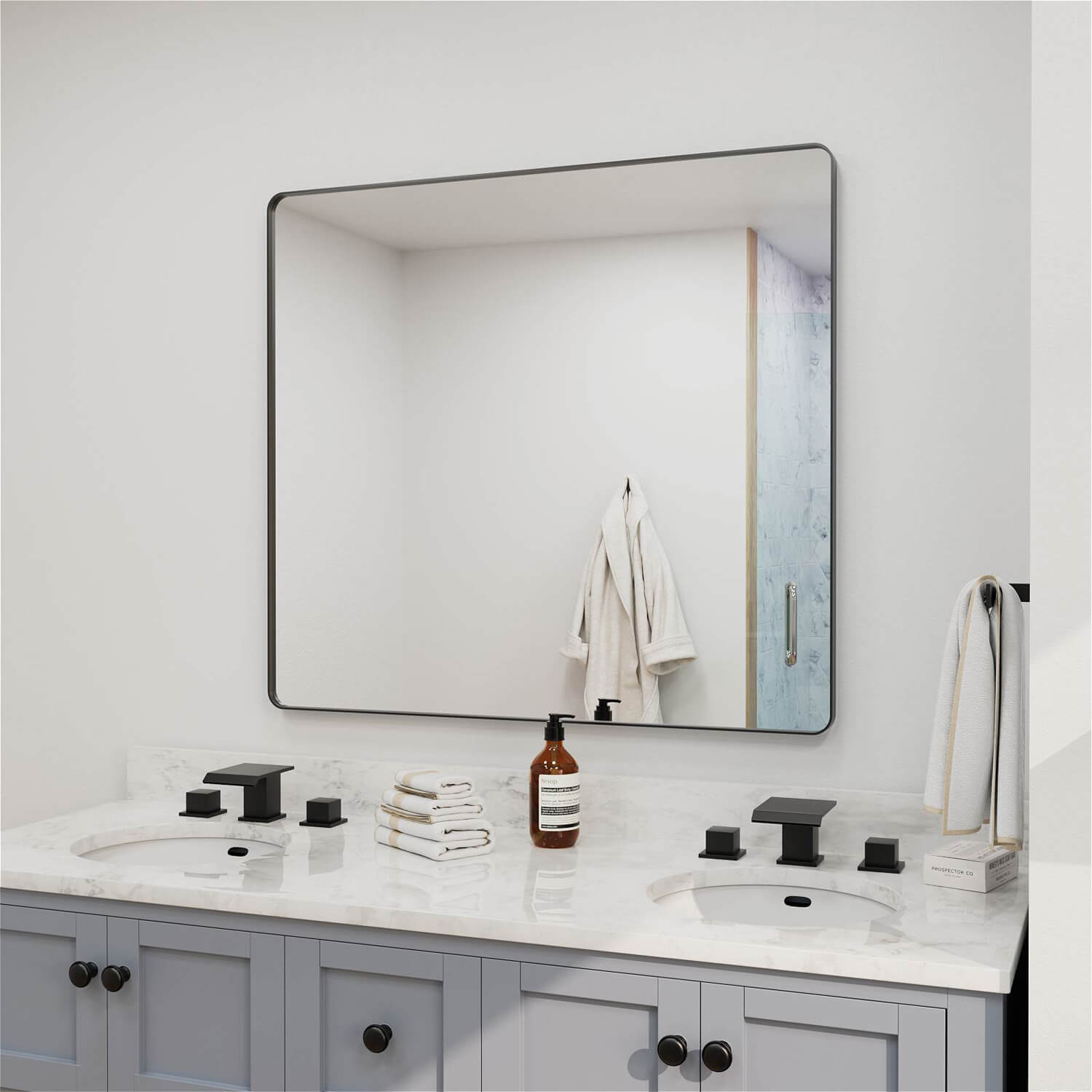 Sleek large black framed bathroom mirror modern design