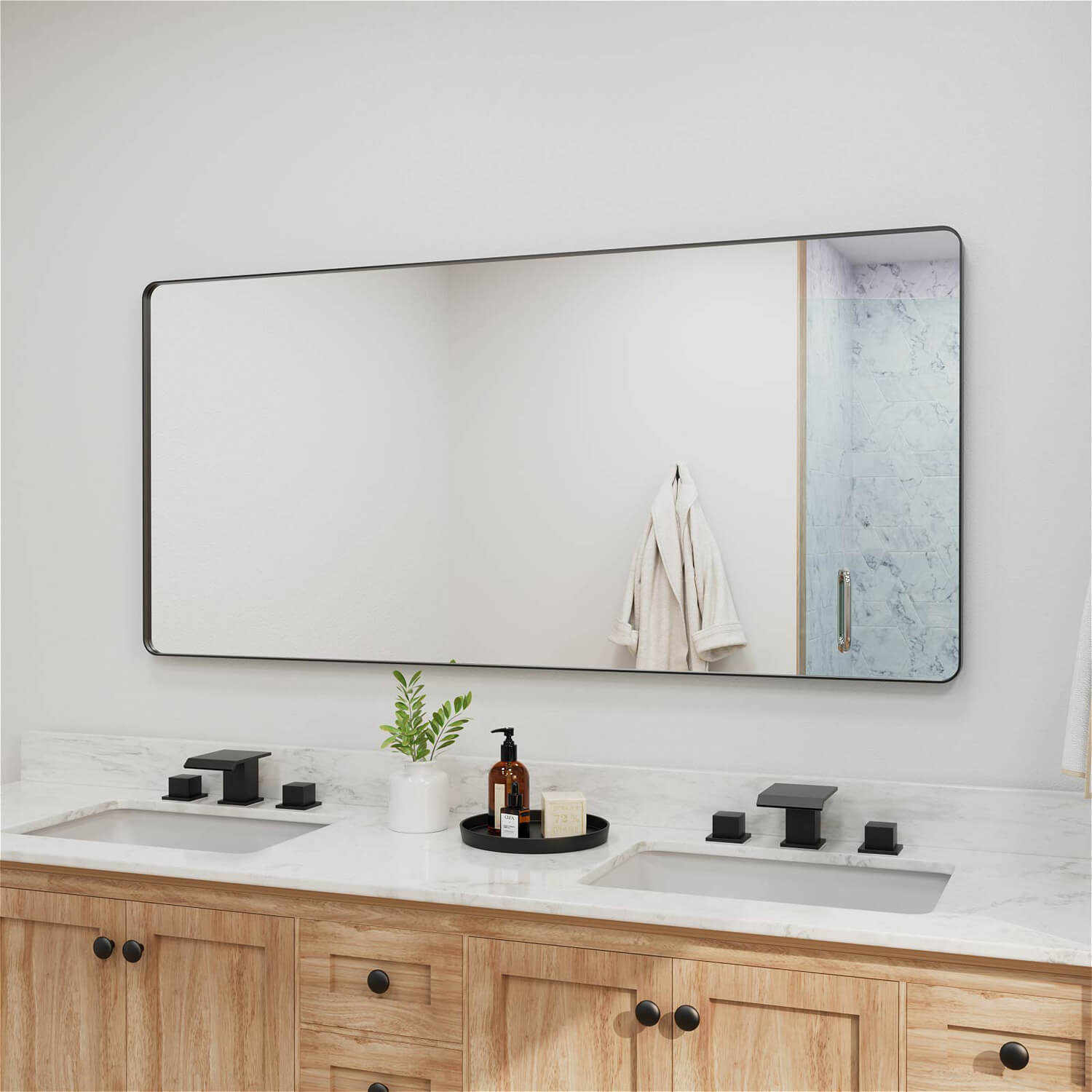 Sleek ultra long black framed rectangular bathroom mirror