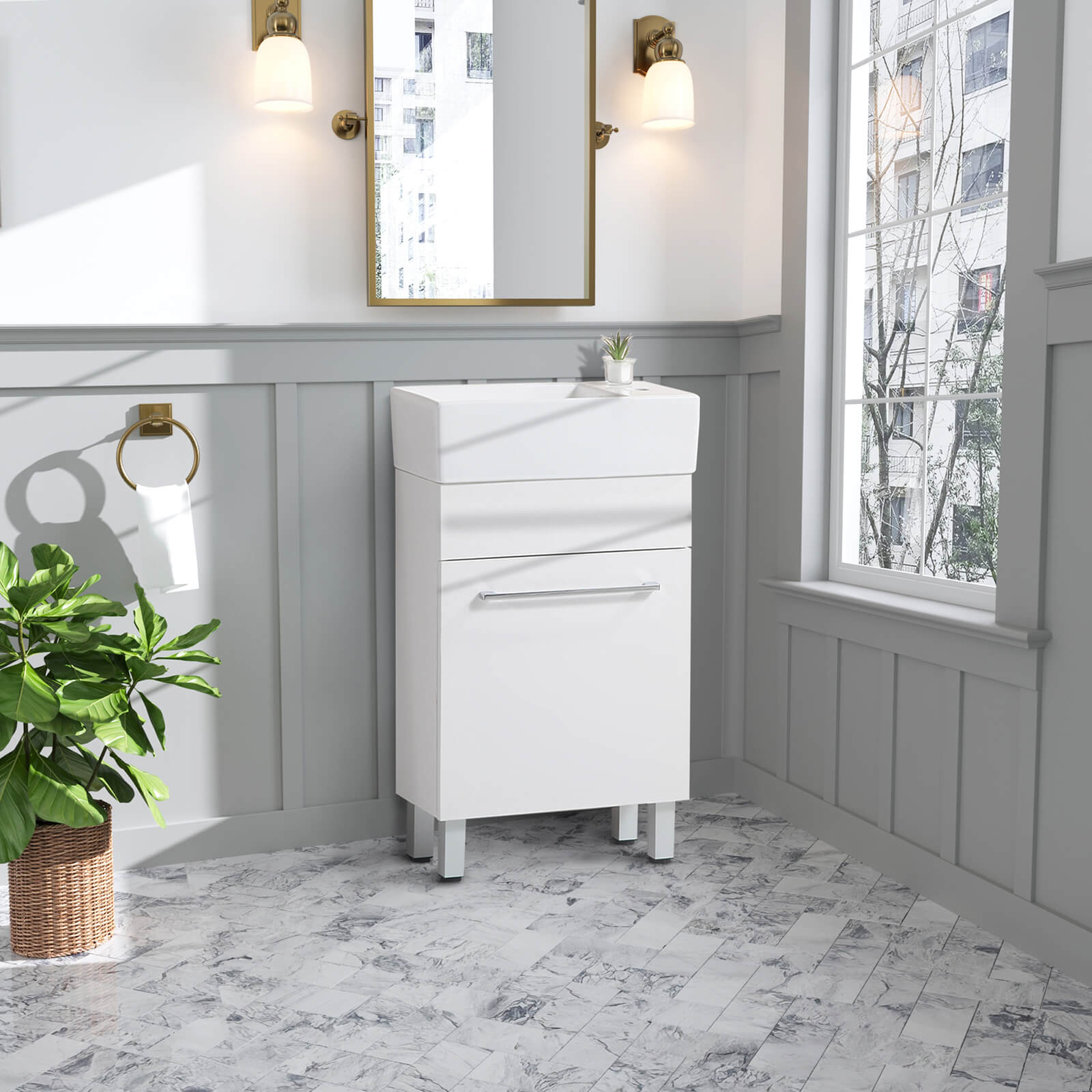 Slim white bathroom vanity with ceramic sink top