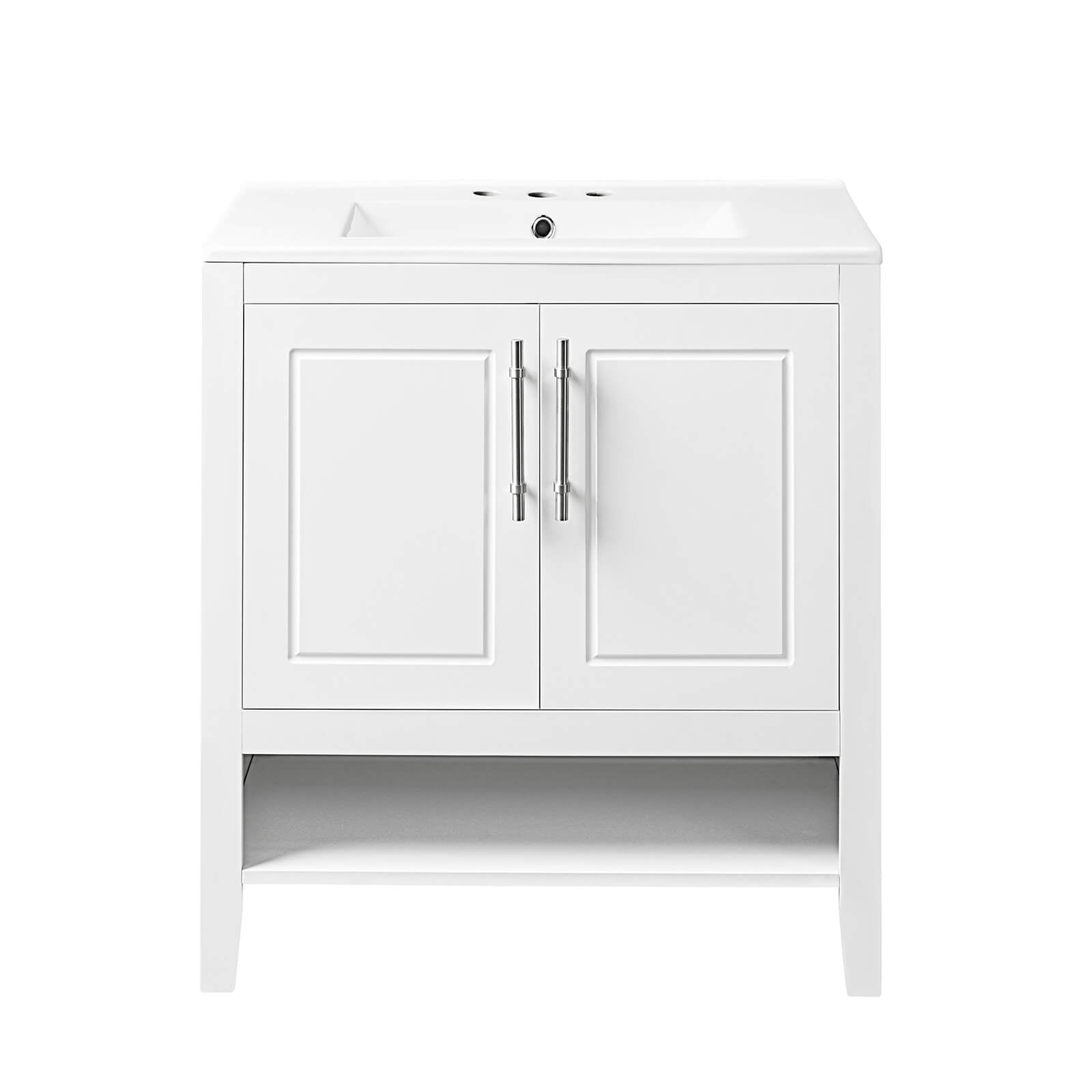 Small bathroom vanity with integrated ceramic top basin
