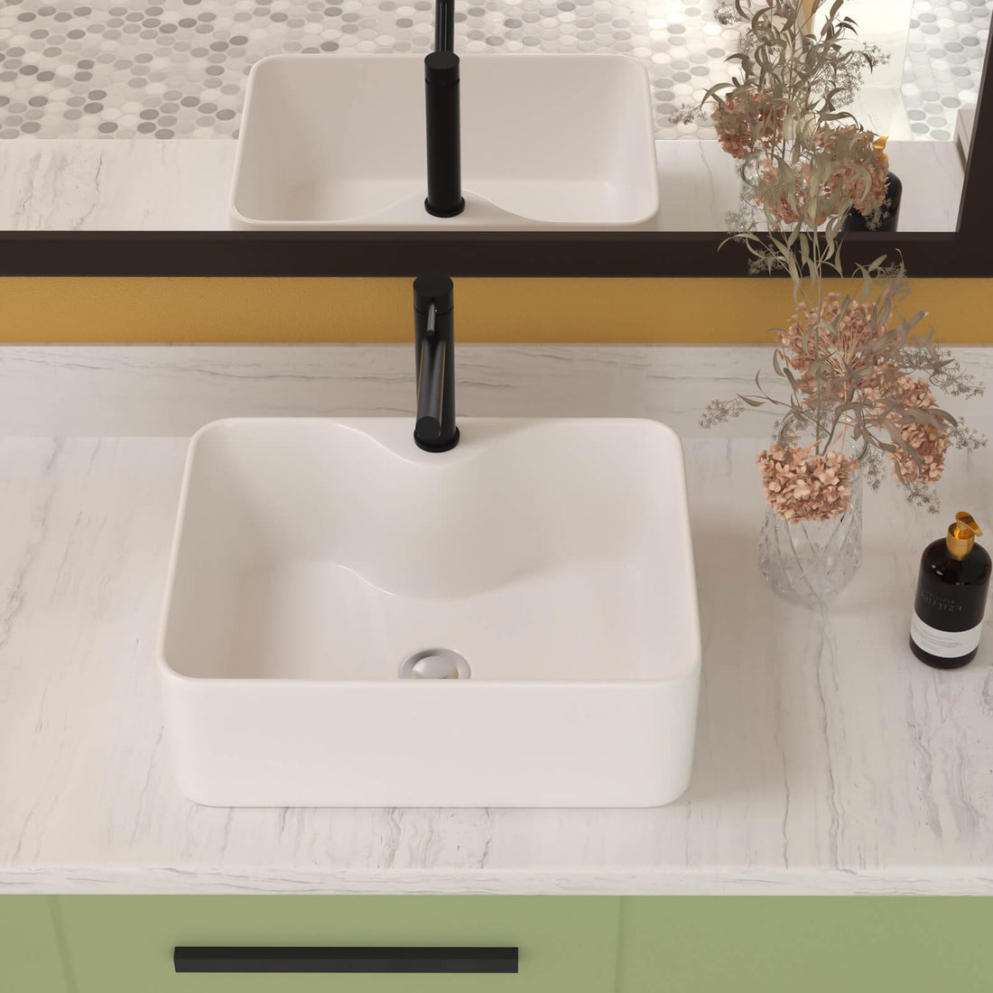 Small rectangular countertop sink with curved faucet deck