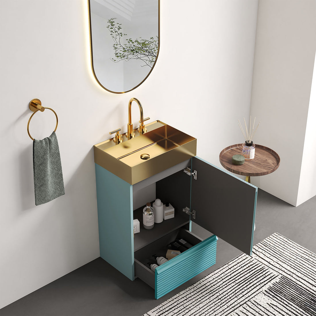 Small freestanding green vanity with drawer and cabinet storage