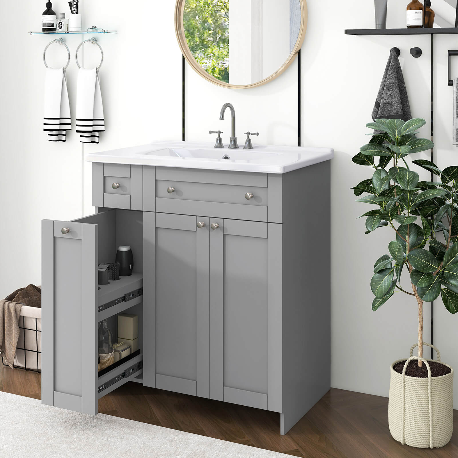 Small gray bathroom vanity with durable construction and storage