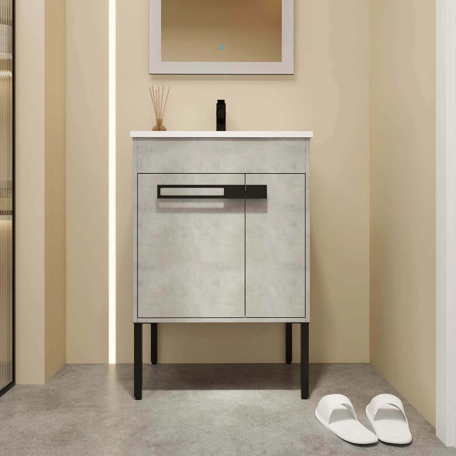 Small gray plywood bathroom vanity