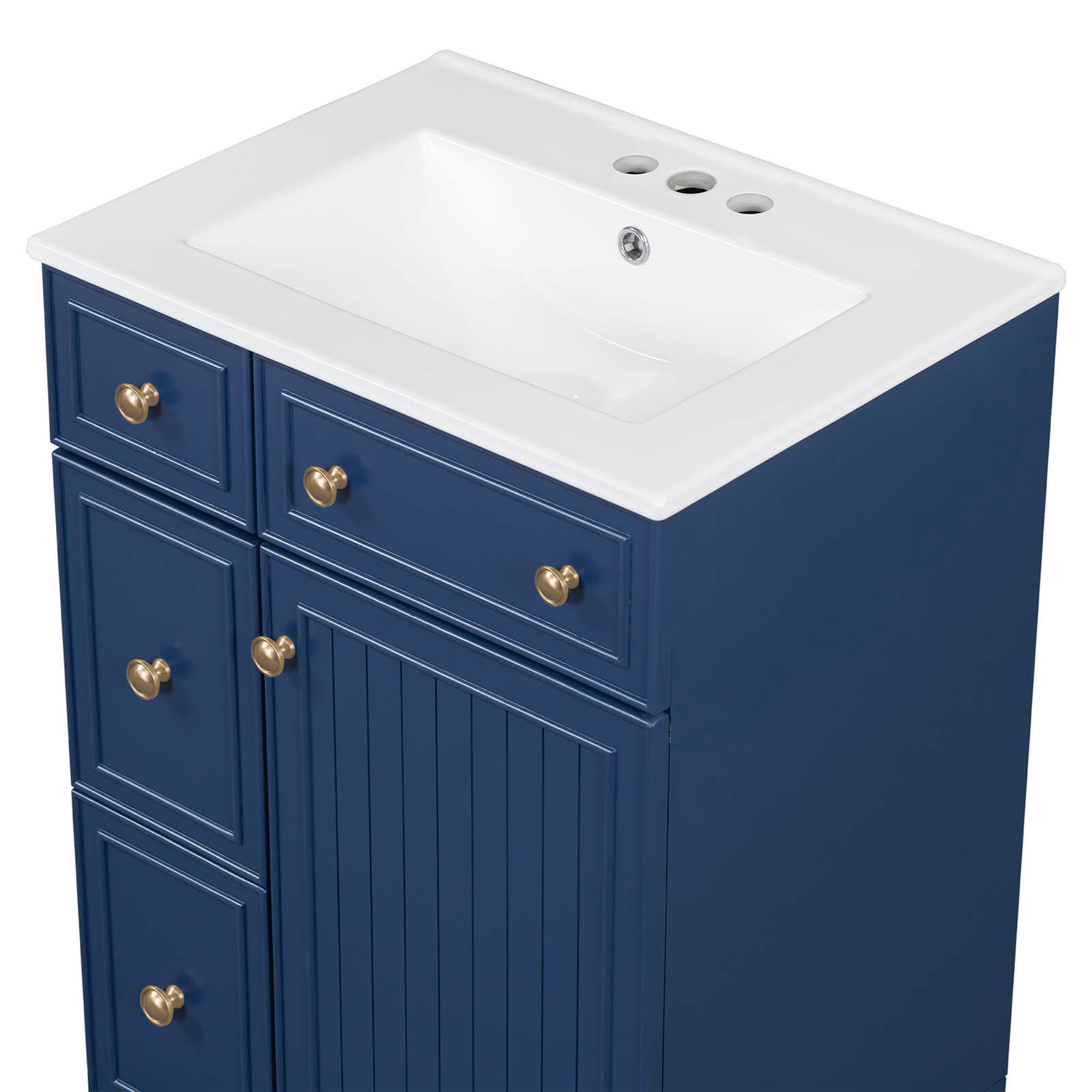 Small navy blue vanity with under-counter basin for tight spaces