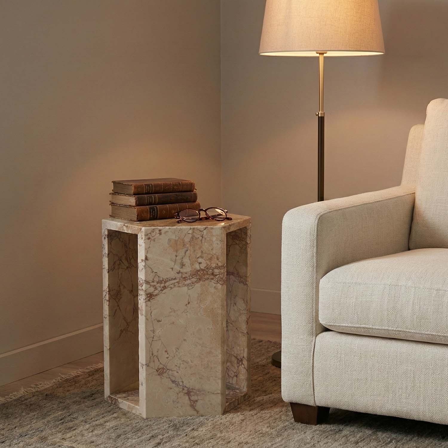 Luxury Real Marble Pink Side Table Hexagon Shape End Table for Living Room, Bedroom & Small Spaces