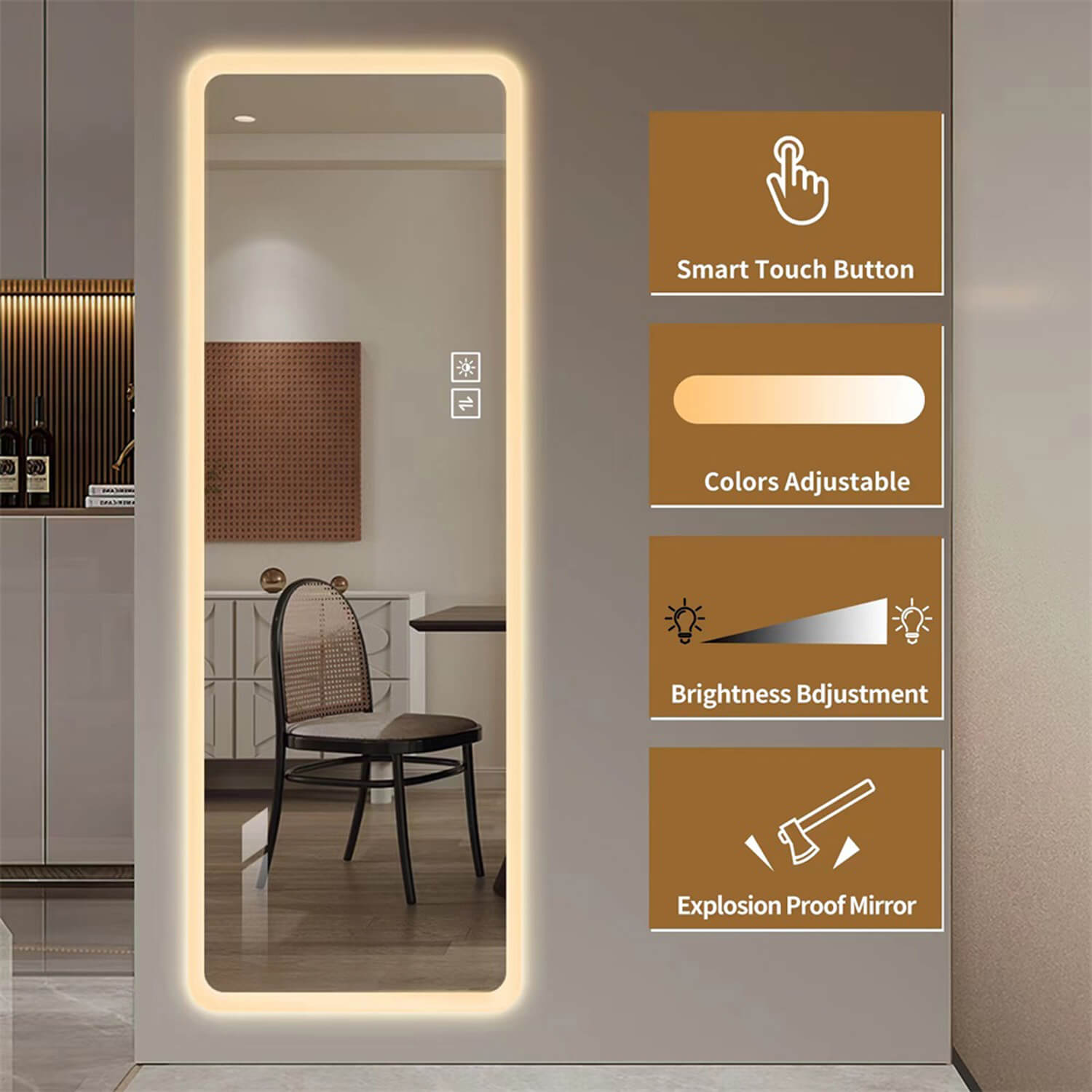 Smart touch control full length mirror with color and brightness adjustment