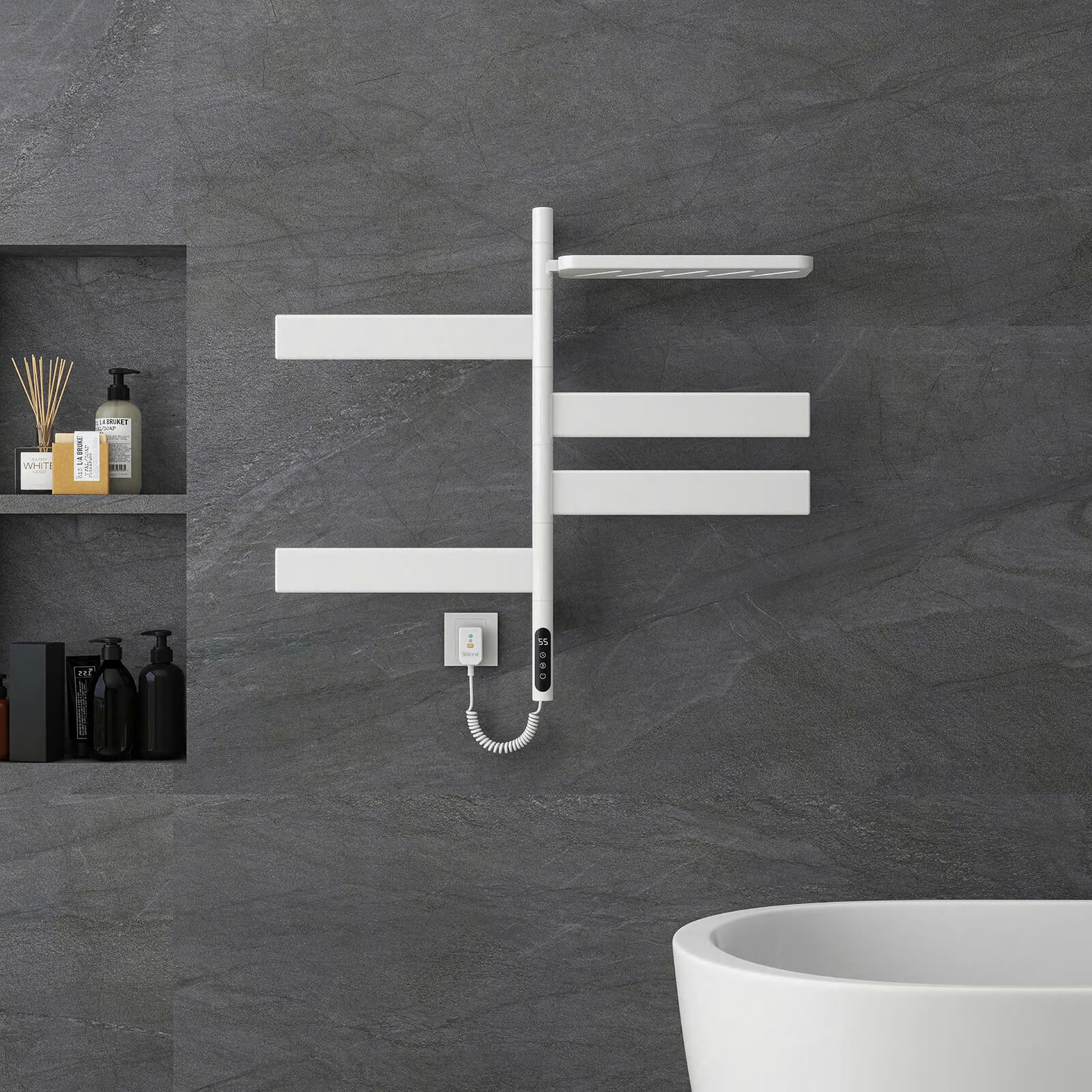 Smart white towel warmer offering a luxurious bathroom experience