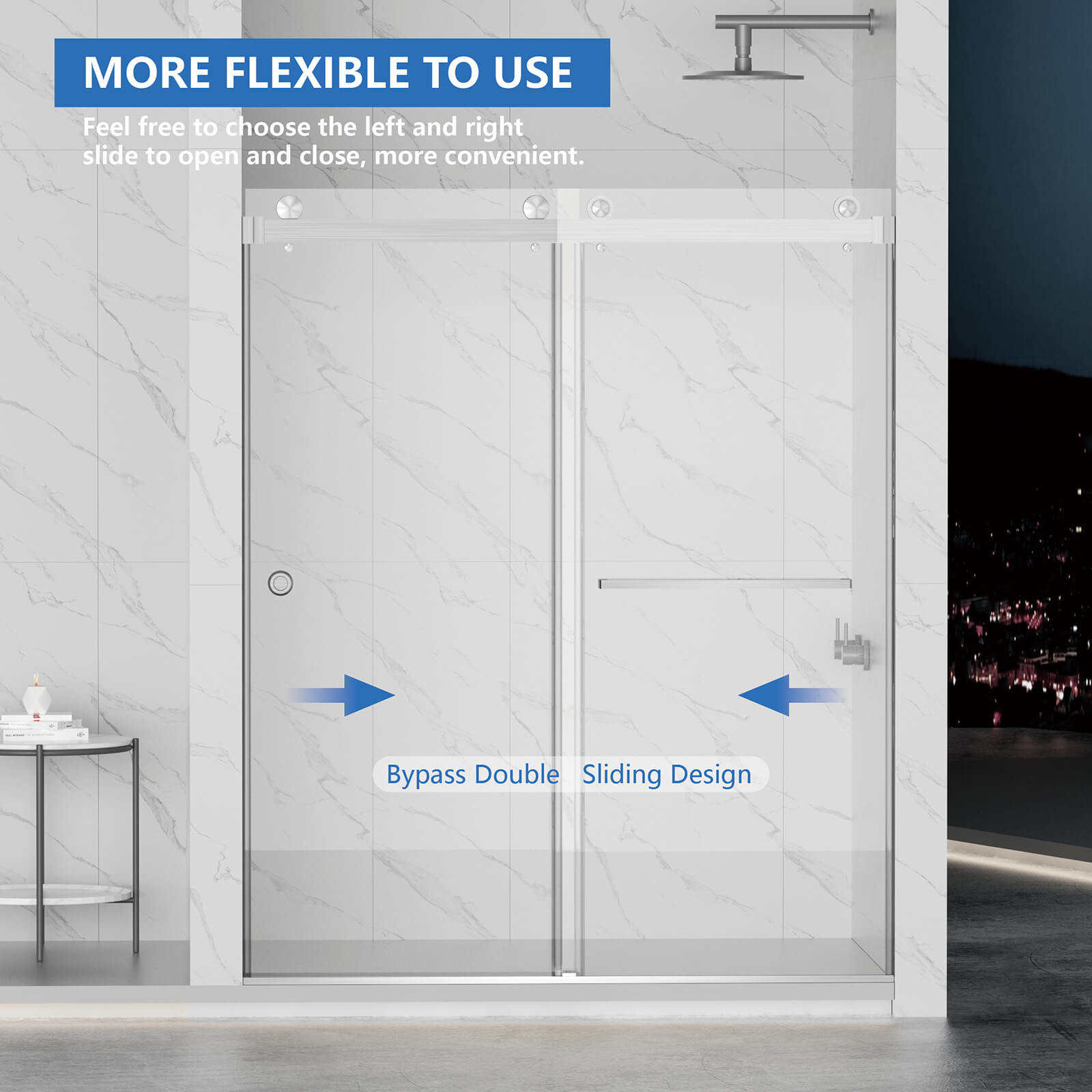 Smooth sliding brushed nickel shower door in bathroom
