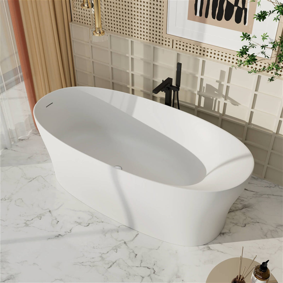 Bañera exenta de resina de piedra de superficie sólida de 63"/67"/71" con respaldo cómodo.