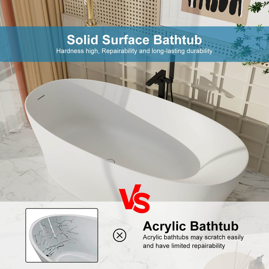Bañera exenta de resina de piedra de superficie sólida de 63"/67"/71" con respaldo cómodo.