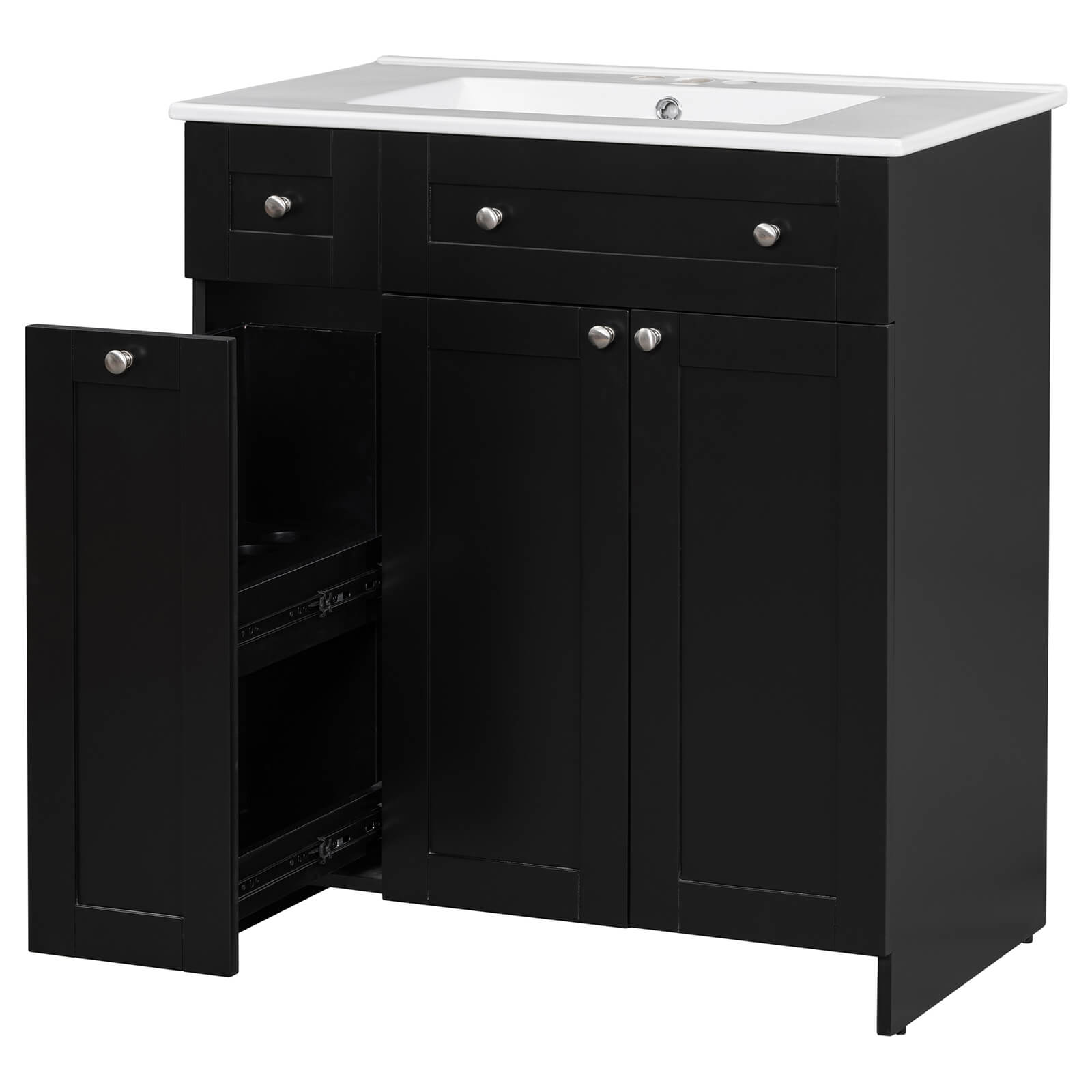 Soft-close bathroom vanity in black with silver round handles