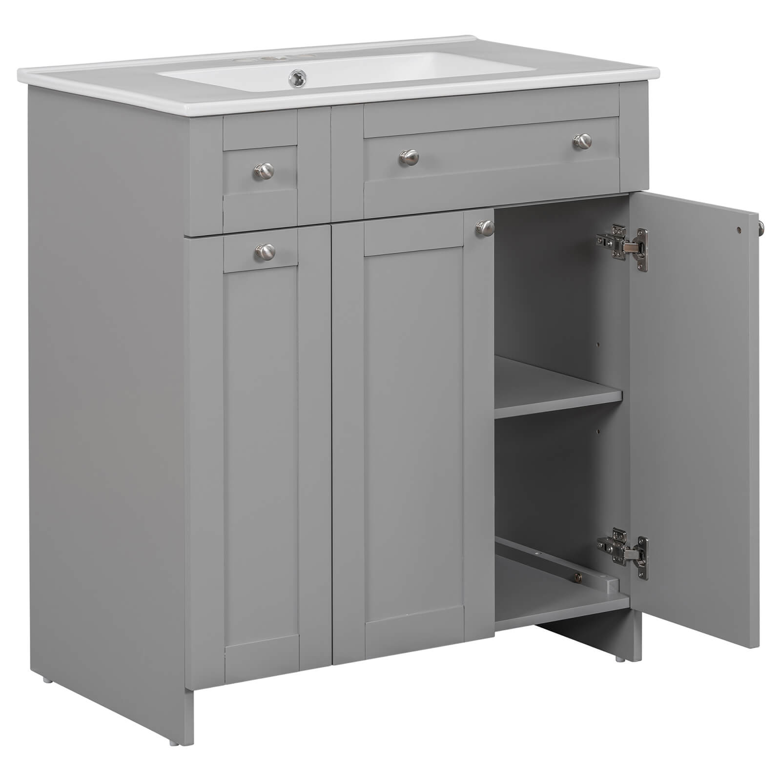 Soft-close bathroom vanity in gray with silver round handles