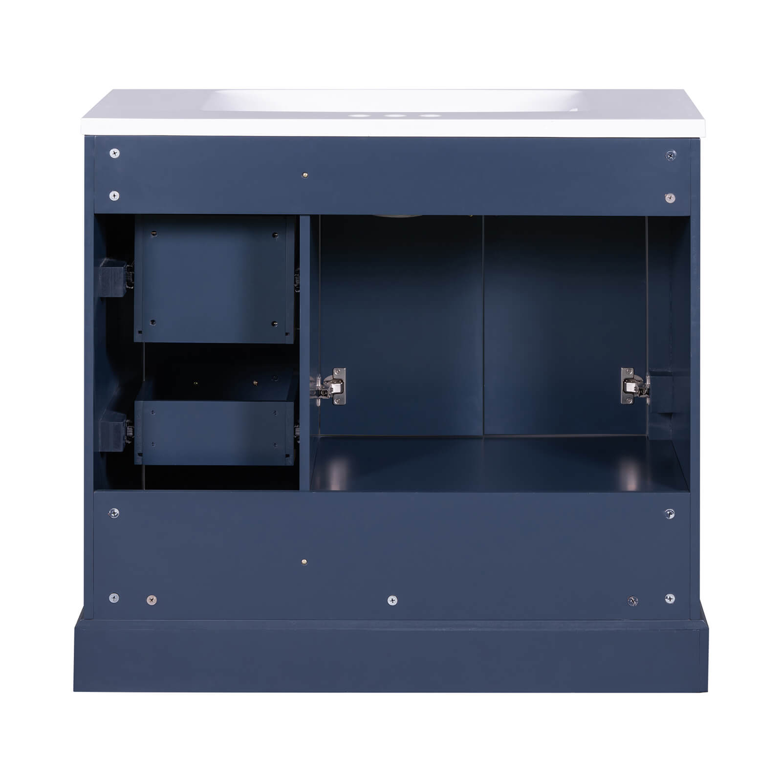 Soft-close drawers and doors on classic blue vanity