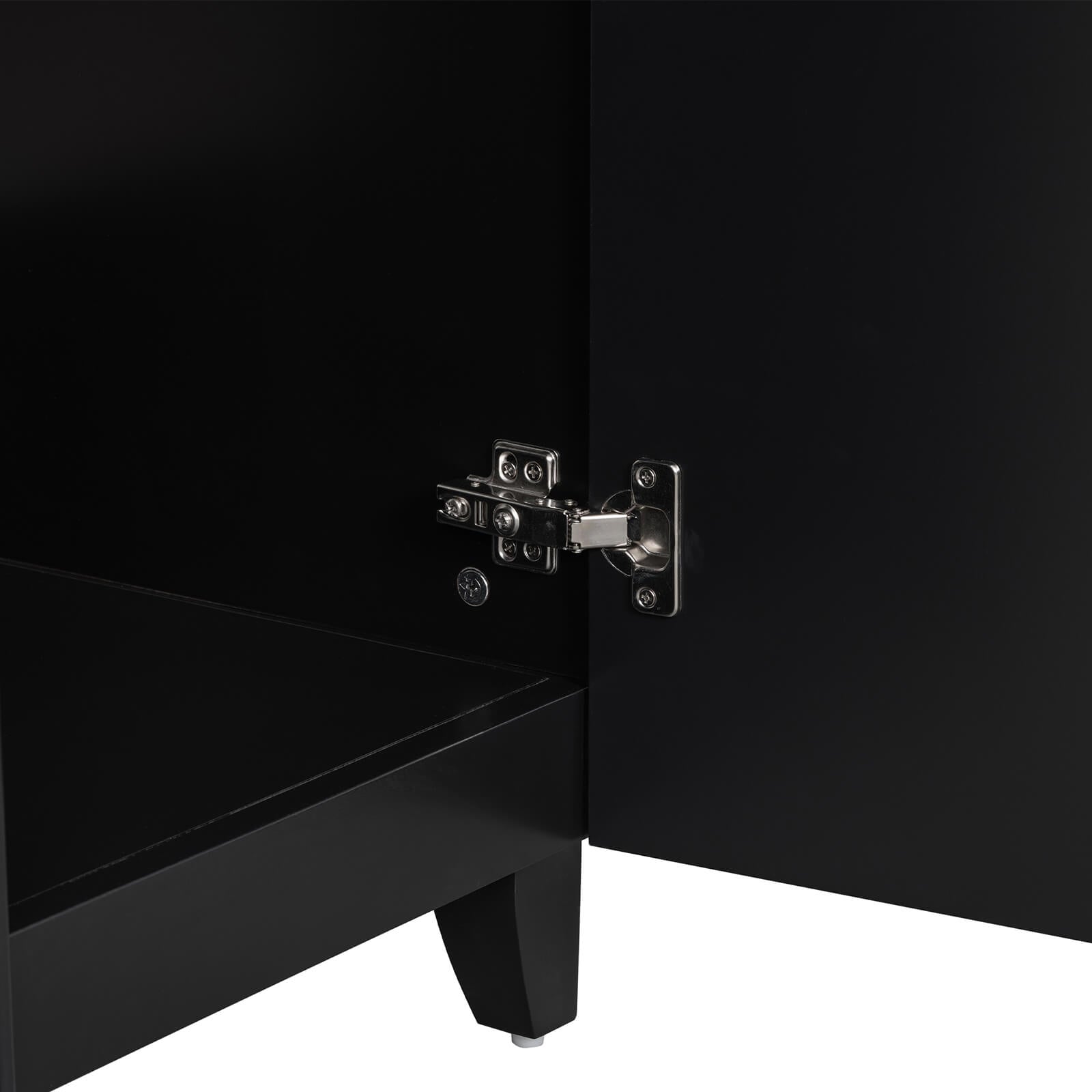 Soft close door detail on a 24 inch small black bathroom vanity with 2 drawers