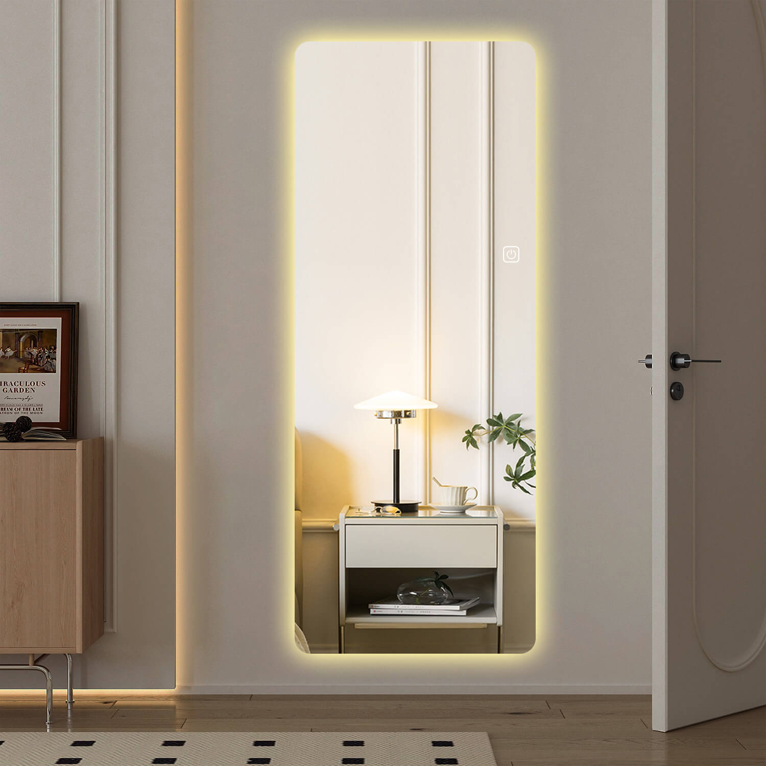 Soft warm LED backlit full length mirror for bedroom entry