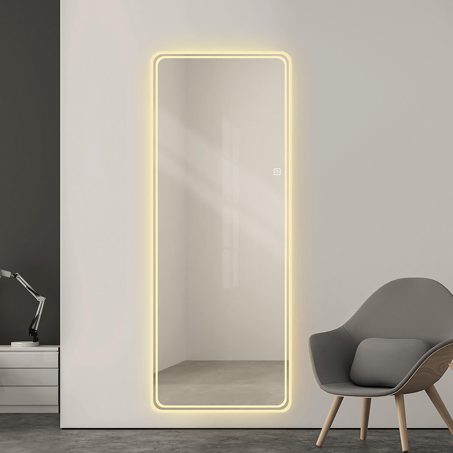 Soft yellow LED backlit full length mirror minimalist design