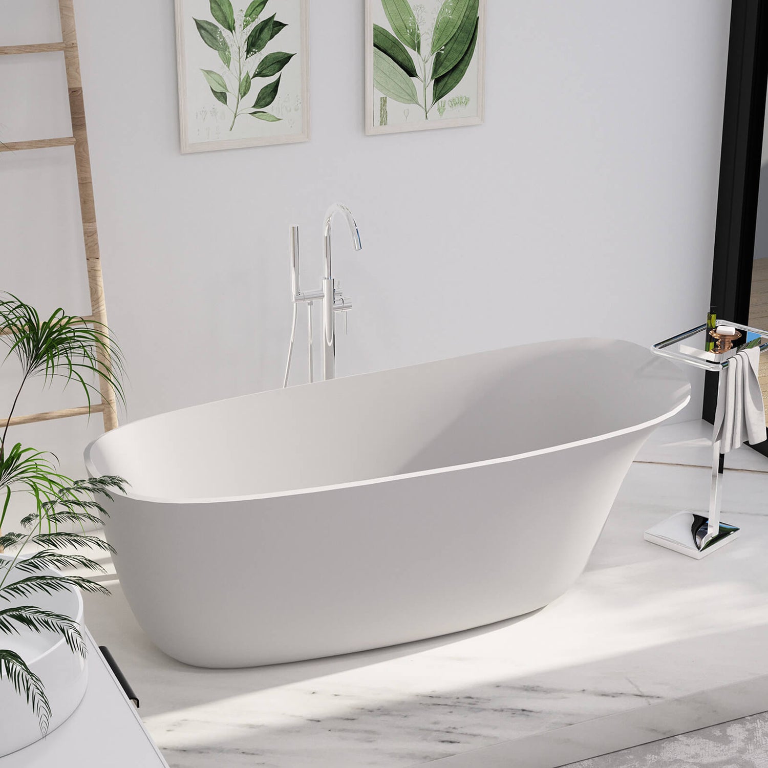 Solid surface freestanding bathtub with curved backrest