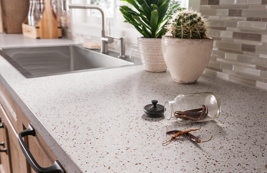 Solid surface kitchen countertop with floral pattern