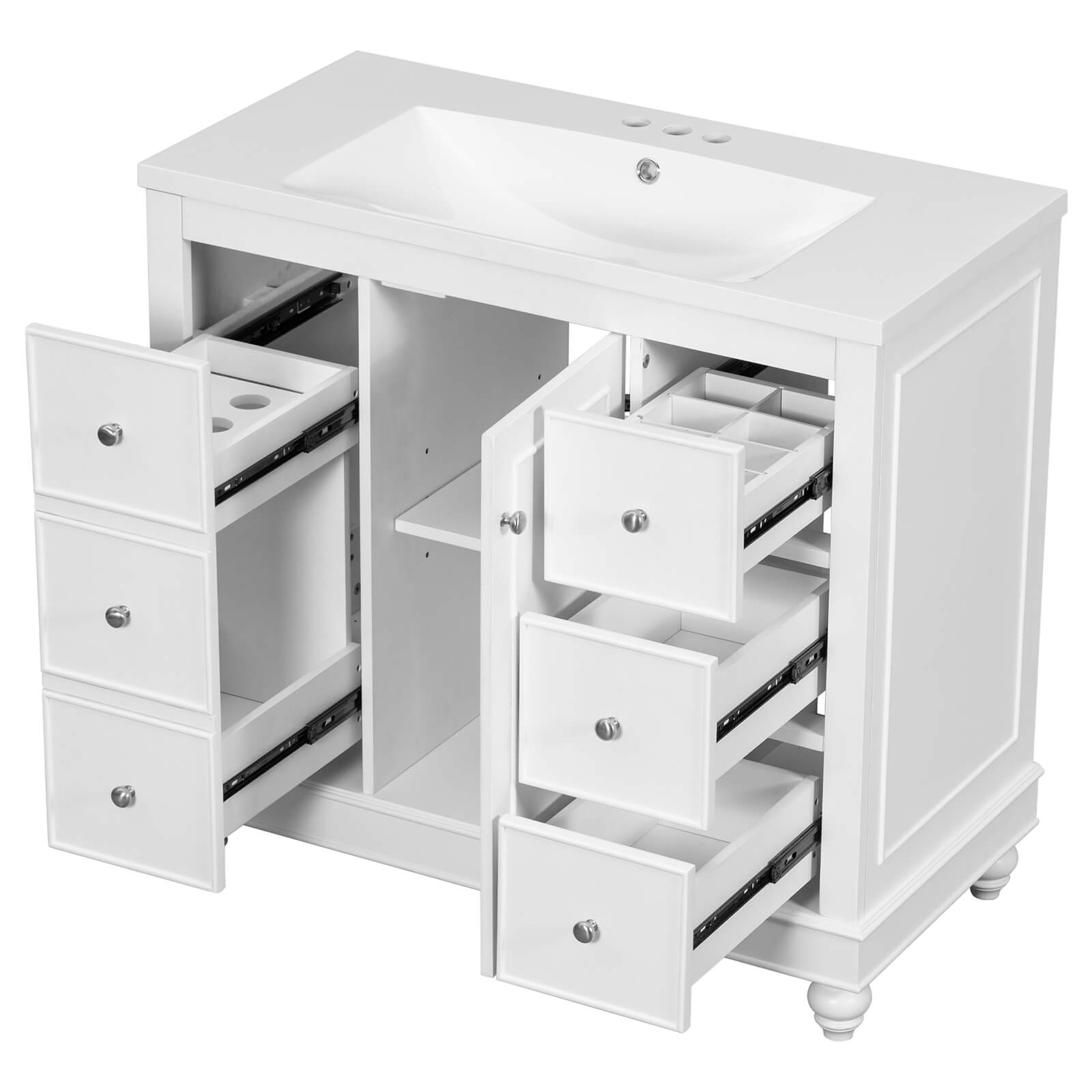 Solid wood frame bathroom vanity with four storage drawers and a cabinet