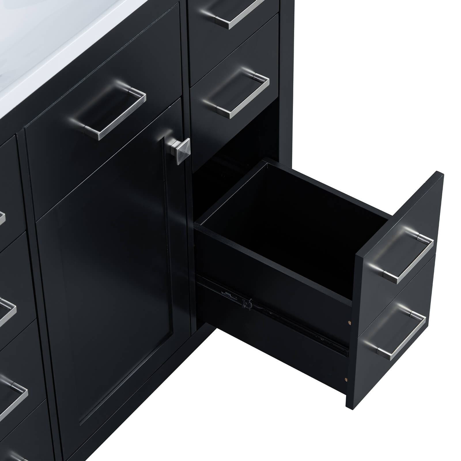 Sophisticated black vanity cabinet with scratch and moisture resistant finish
