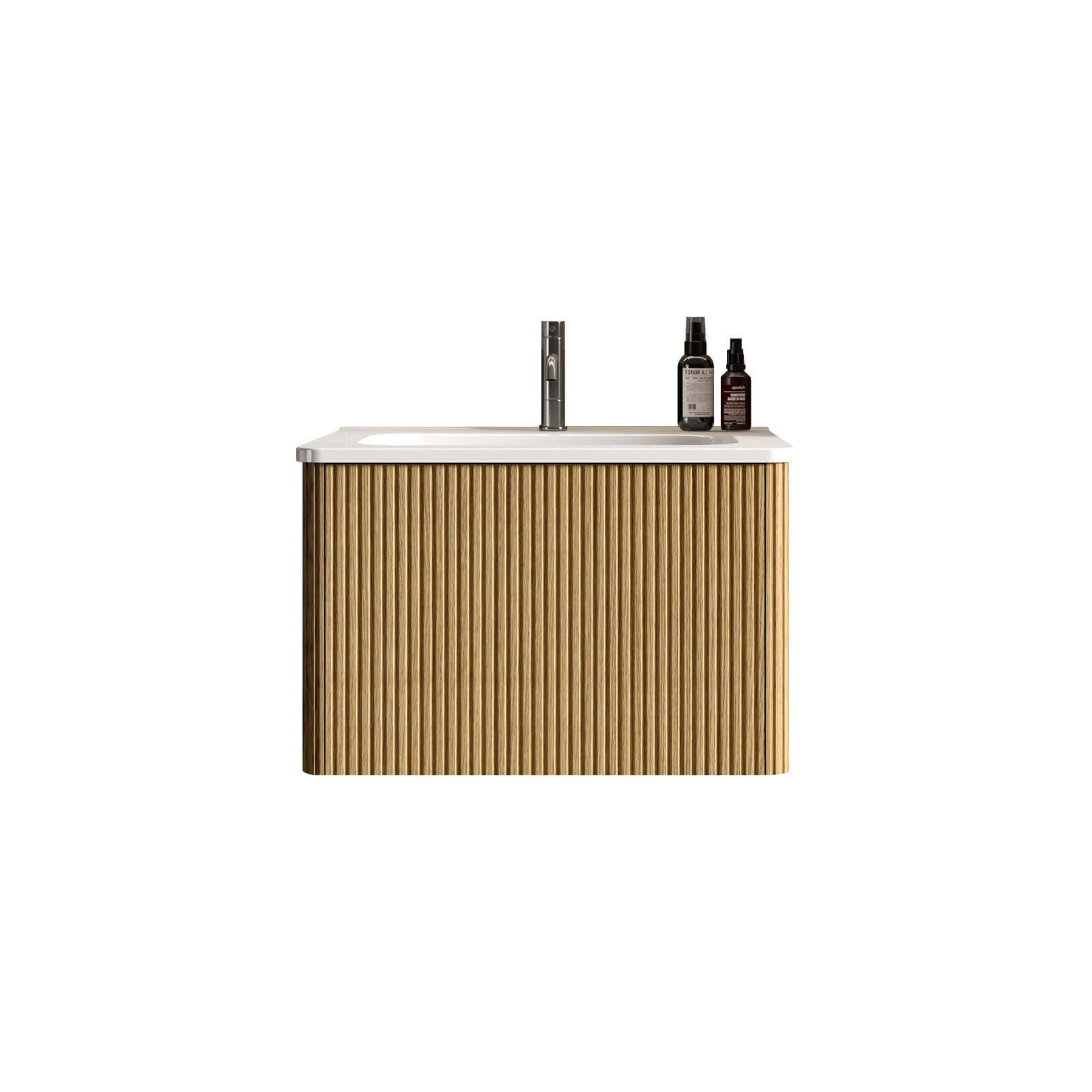 Sophisticated white oak vanity with bright ceramic sink