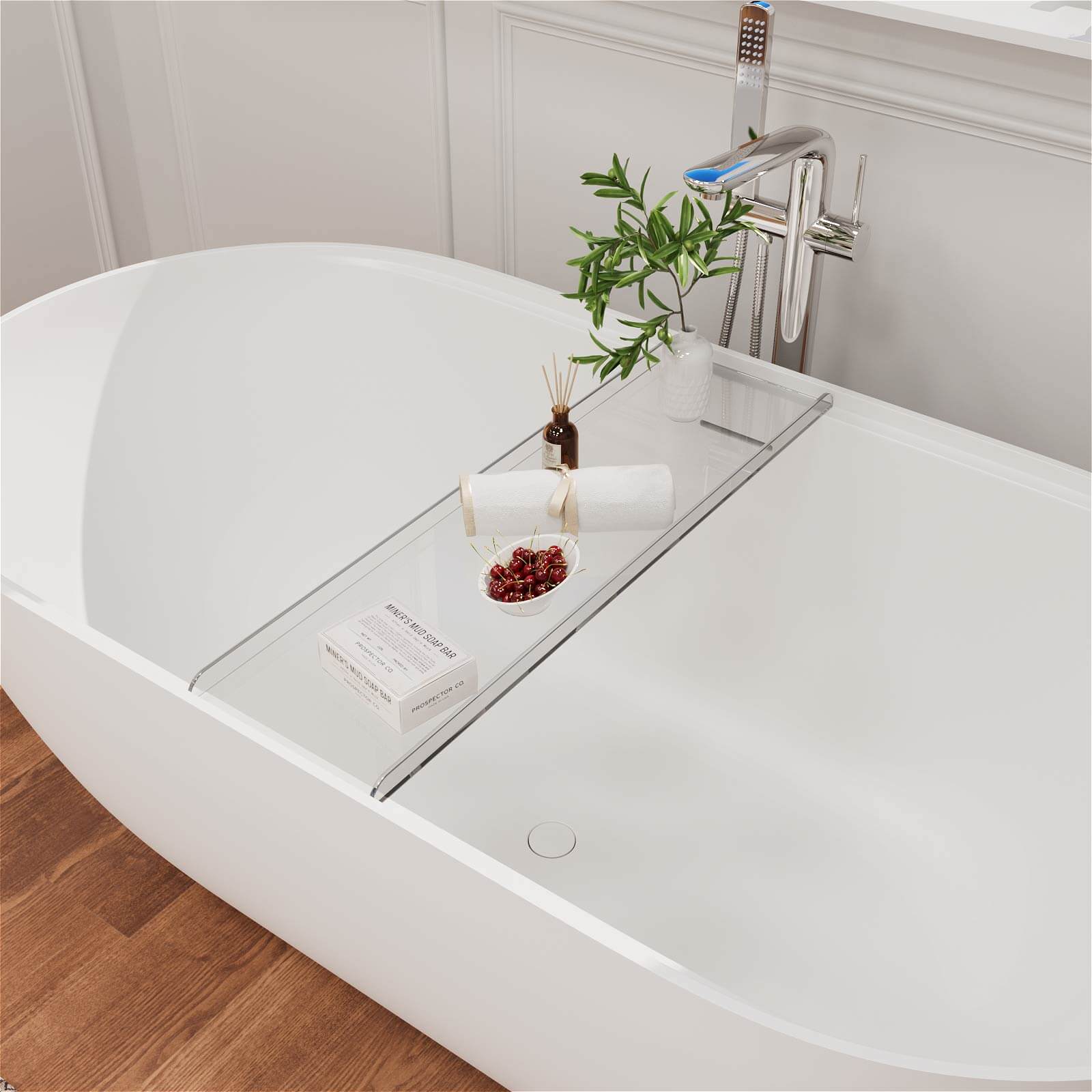 Spa inspired oval freestanding soaking tub with tray