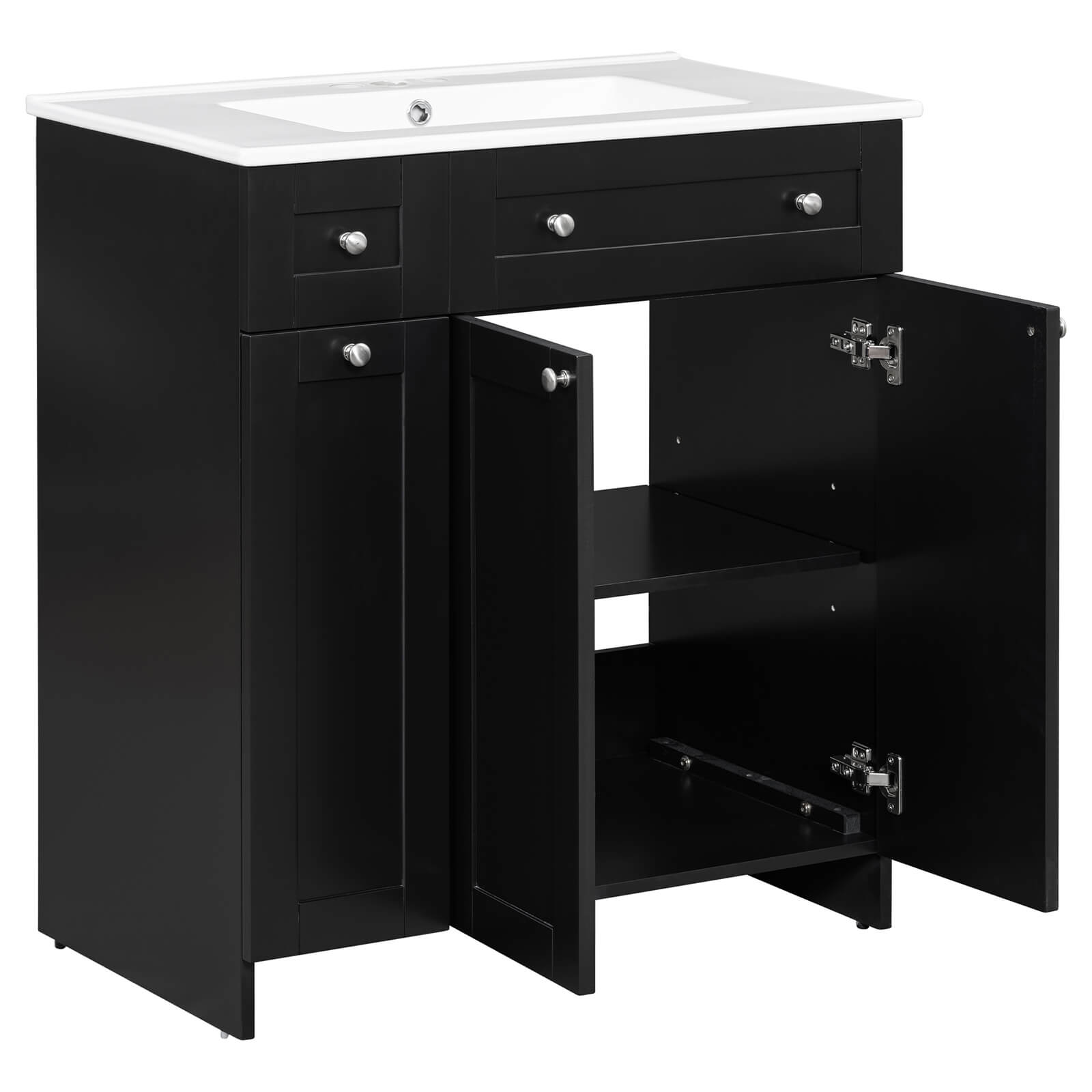 Space-efficient black bathroom vanity with storage for towels and supplies