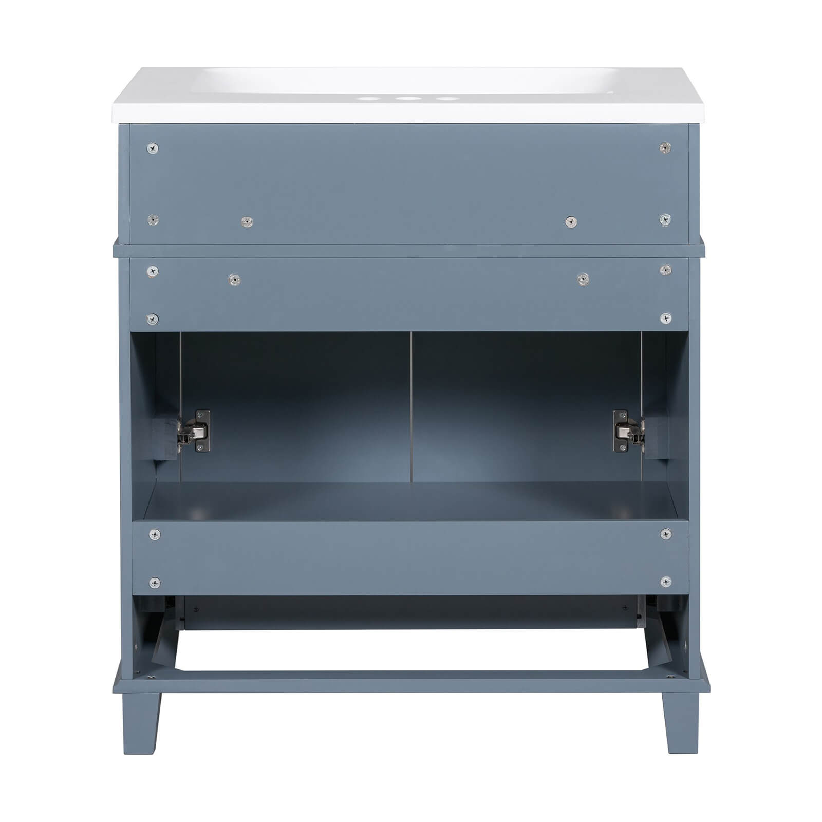 Space saving blue gray vanity with ample storage