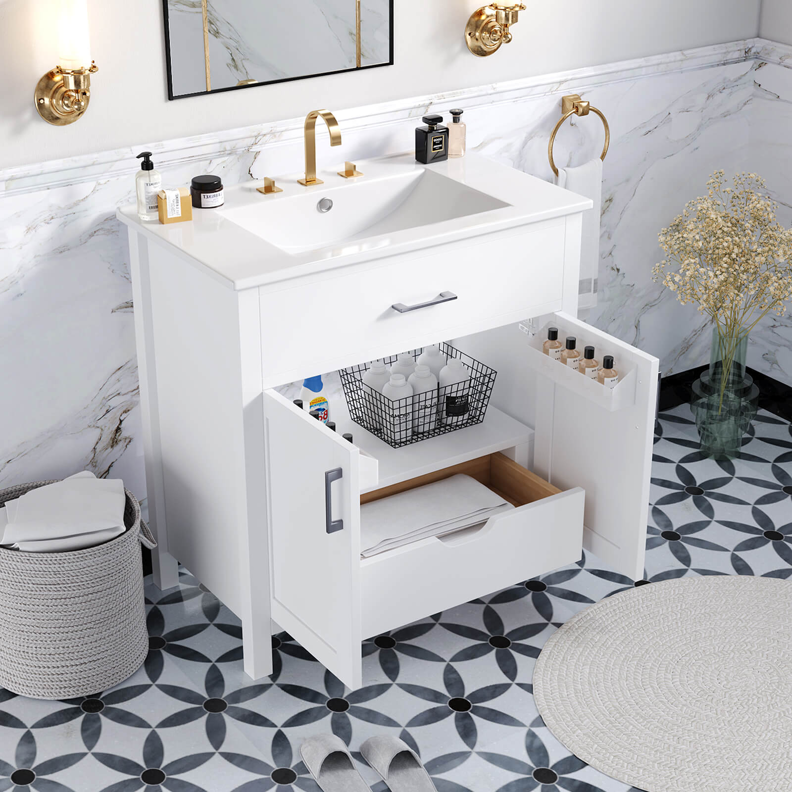 Space-saving modern vanity with white silk finish for bathroom design