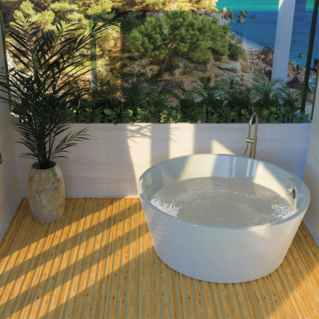 Spacious 57 in Large Round Bathtub with Reclined Backrest for Dual Bathing