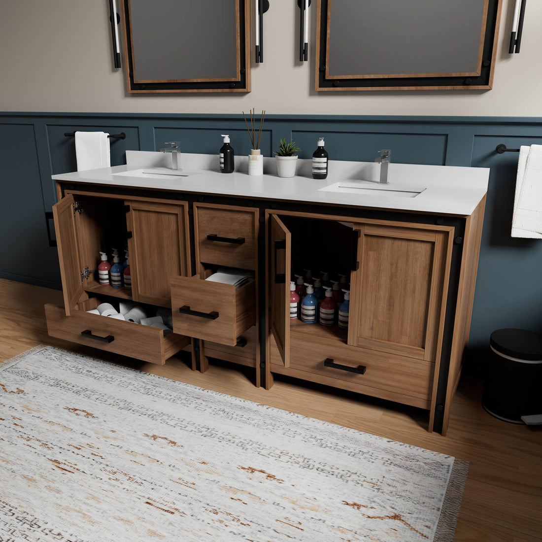 Spacious 80 inch vanity with two large cabinets_ five drawers_ and soft close doors
