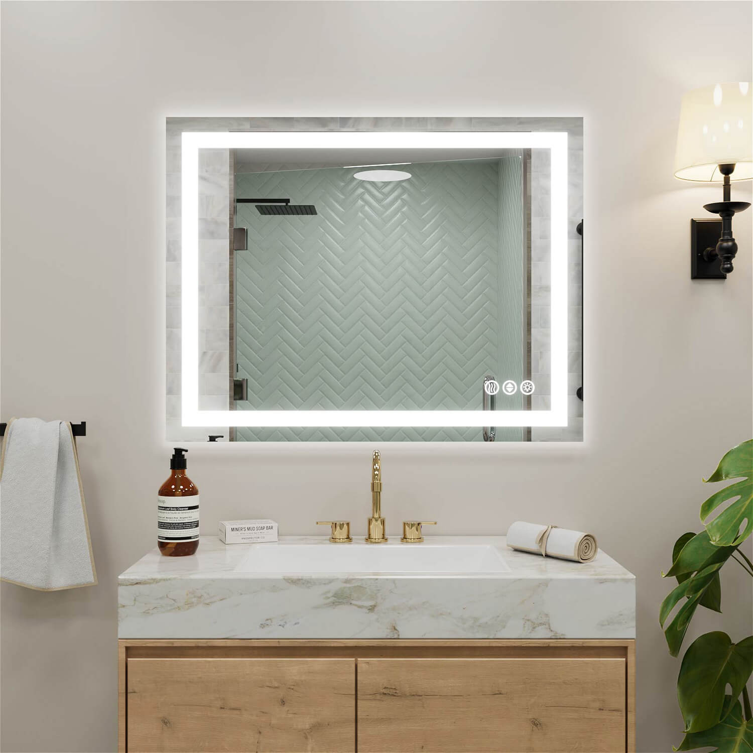 Square LED bathroom mirror with LED light strip border and touch-sensitive controls