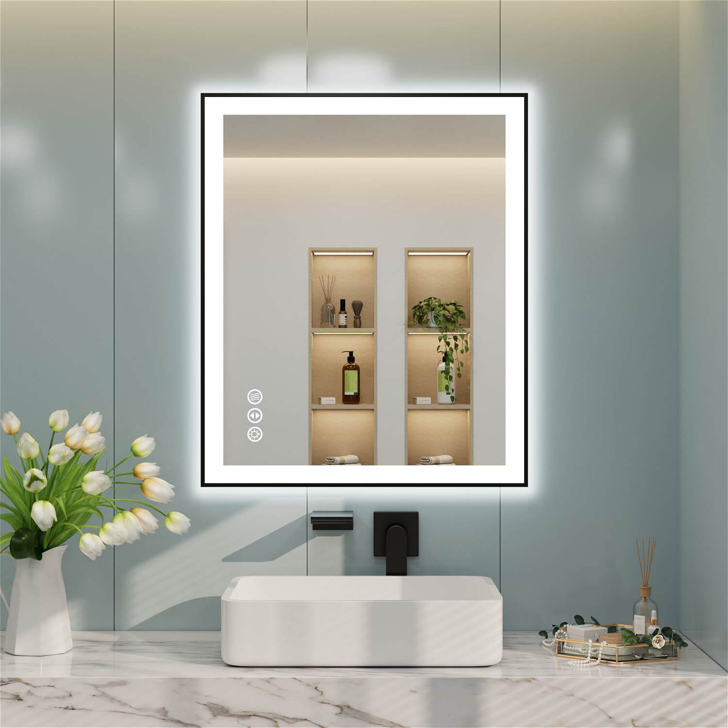 Square LED bathroom mirror with edge lighting and touch controls on the left