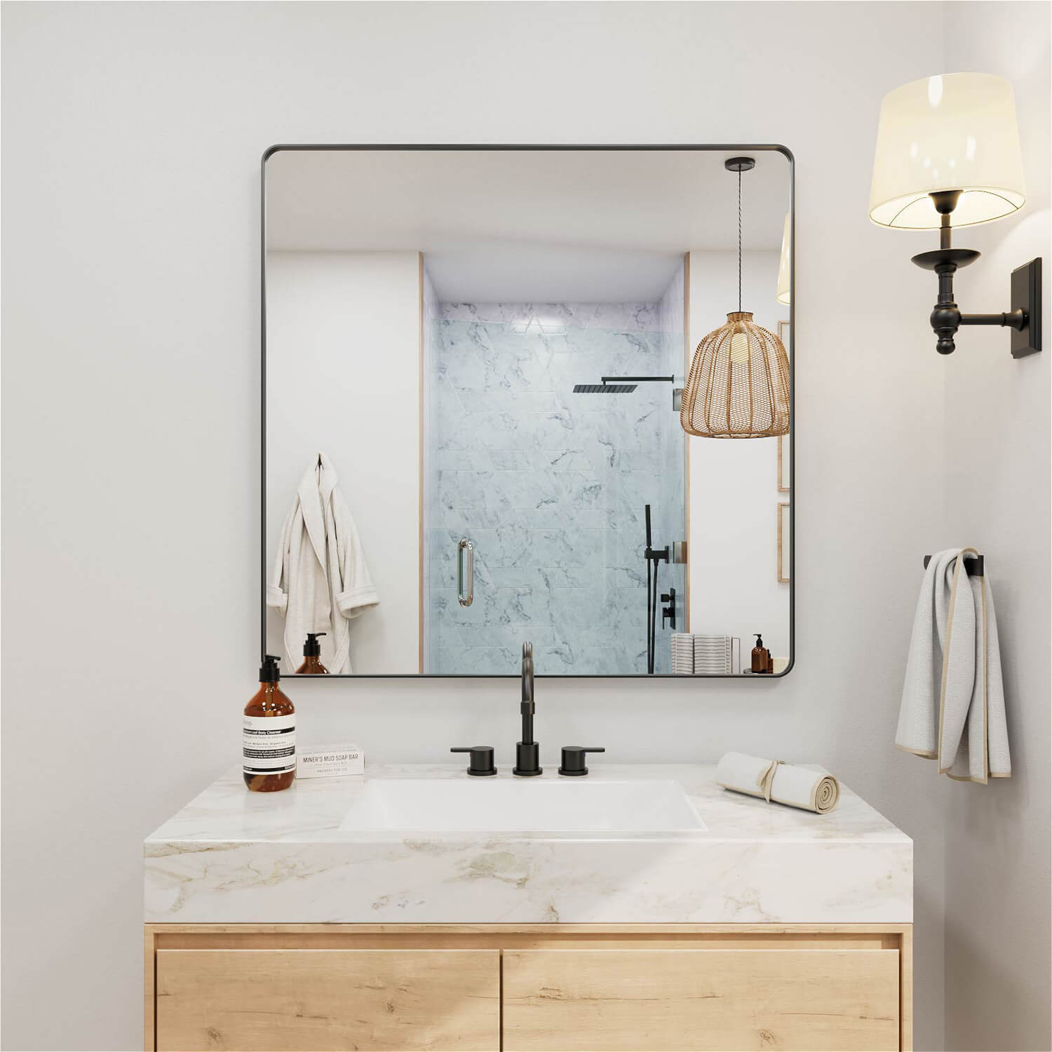 Square black framed bathroom mirror for vanity