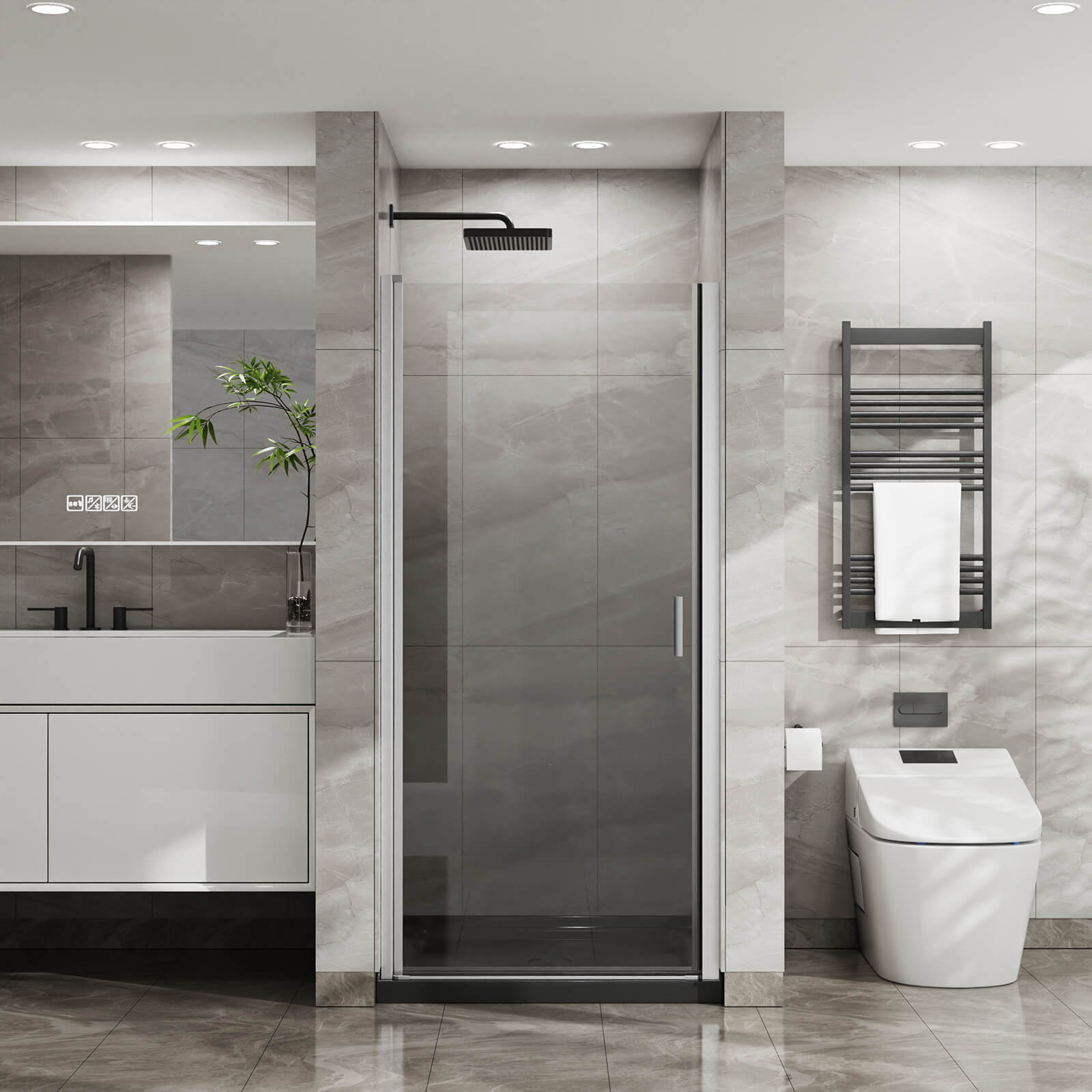 34"-35.2" x 72" Chrome Pivot Shower Door Kit with Tempered Glass and Acrylic Shower Pan