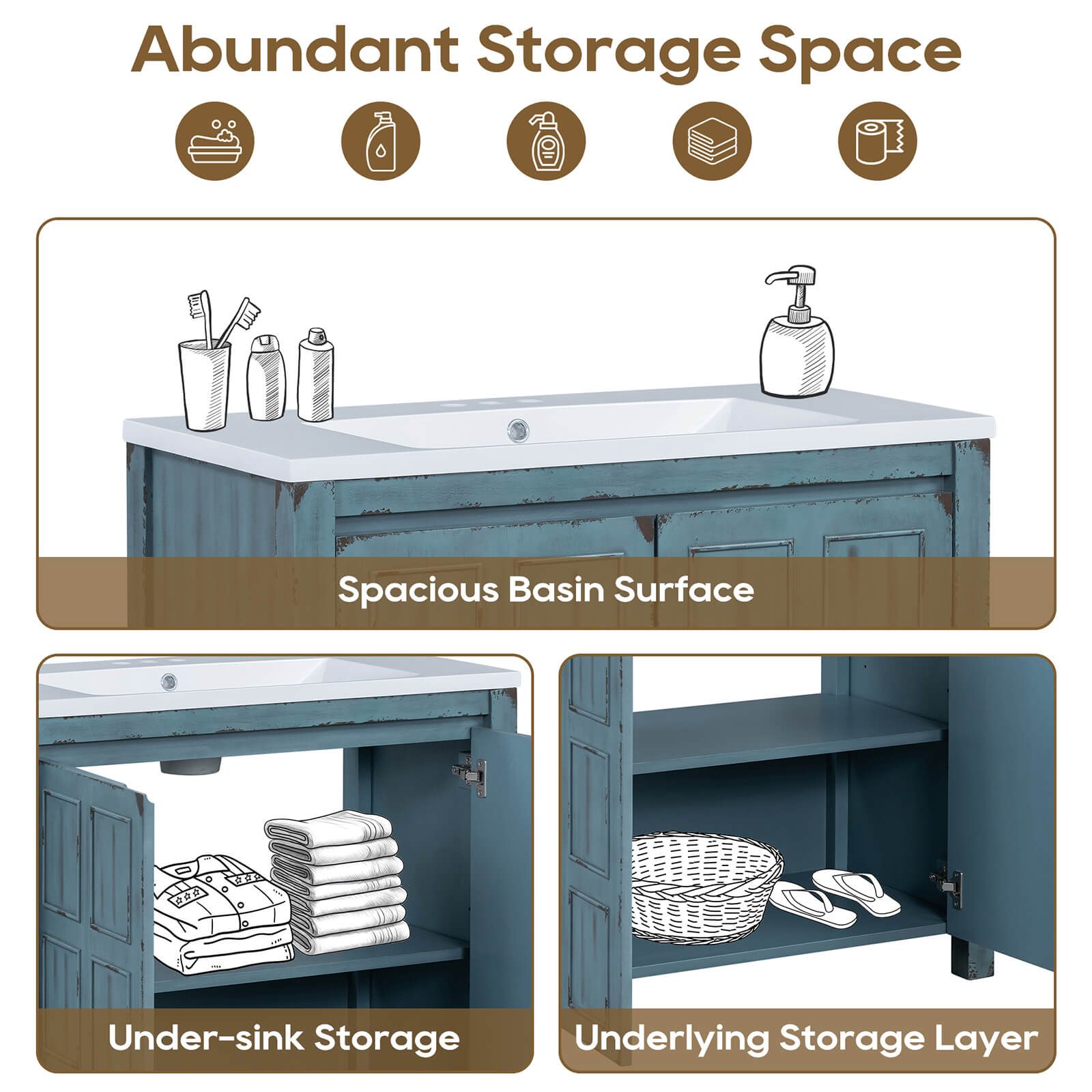 Storage diagram of a 36 inch vintage blue bathroom vanity with grid patterned doors
